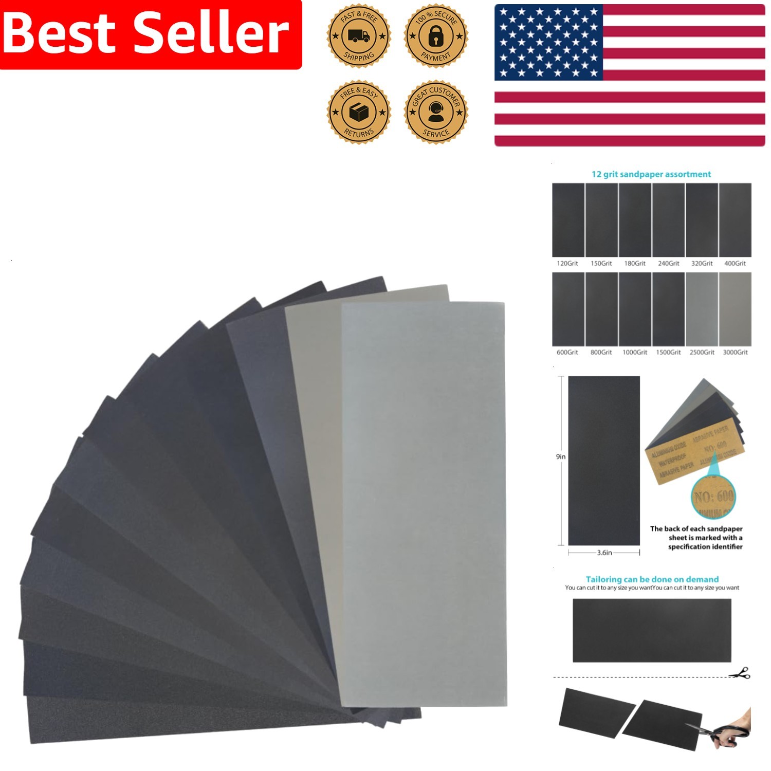 Assorted Sandpaper 24 Pcs, 12 Grits Wet Dry Sheets for Wood Metal Polishing