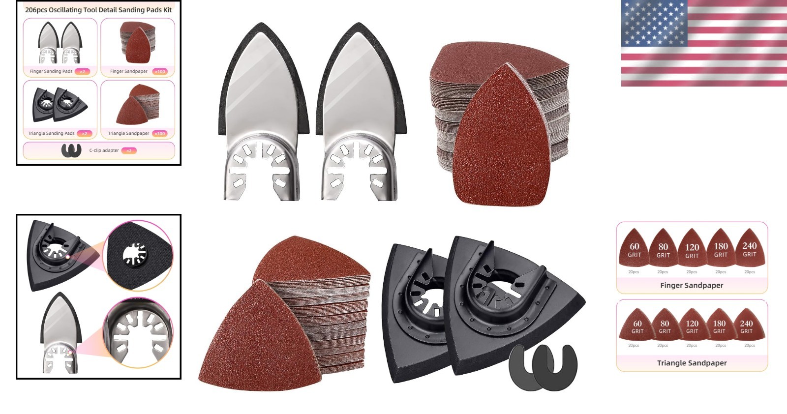 206Pcs Oscillating Tool Detail Sanding Pads Kit 2Pcs Triangle Sanding Pads 2Pc