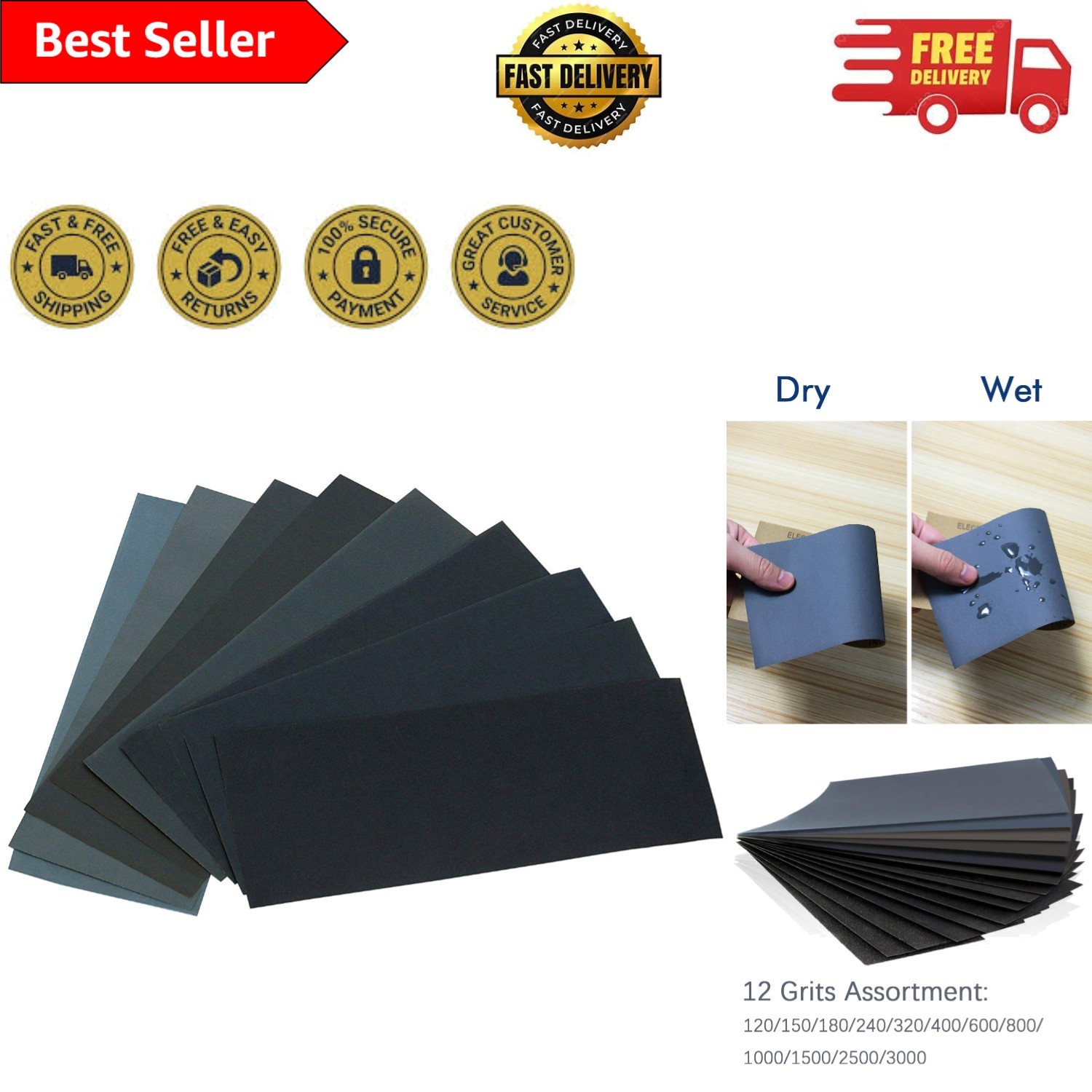 12 Grit Assorted Silicon Carbide Sandpaper – 24 Sheets for Professional Results