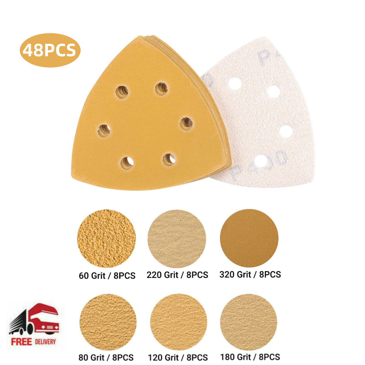 48PCS Triangle Mouse Sanding Sheets 6Hole Hook & Loop Gold Sandpaper 60-320 Grit