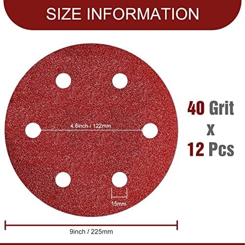 9 Inch 6 Hole Sanding Discs 40 Grit Hook and Loop for Drywall Sander 12PCS