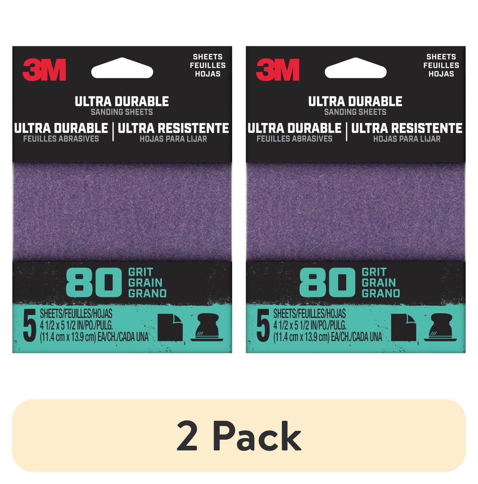 (2 pack) Ultra Durable Power Sandpaper,80 Grit,1/4 Sheet,4.5 in x 5.5 in,5/pack
