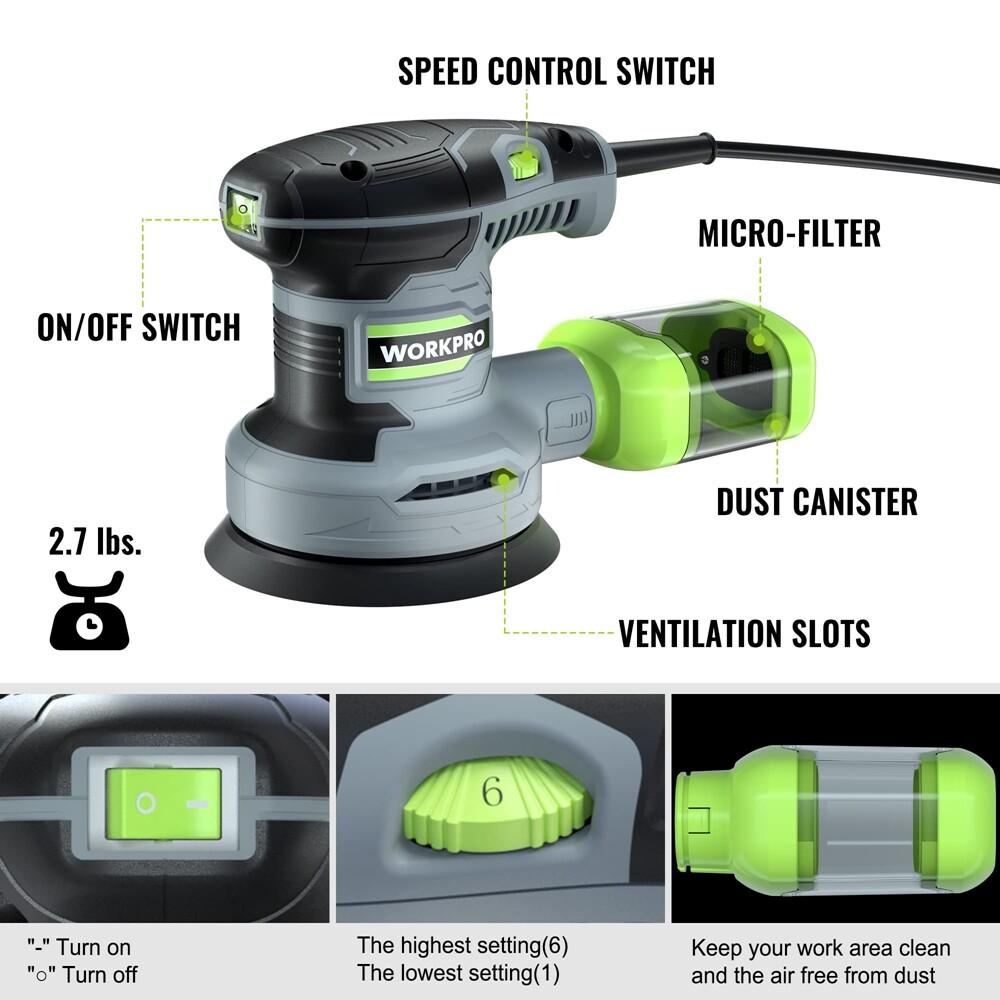 5″ Random Orbit Sander 6 Variable Speeds 7000 to14000 RPM 2.5Amp Electric Sander