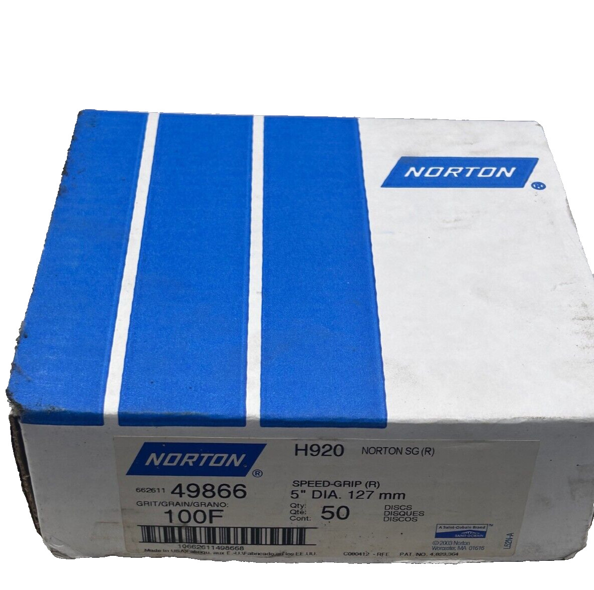 Norton SG H920 49866 100F SPEED-GRIP (R) 5″ DIA. 127 mm Qty:50 Sanding Disc New