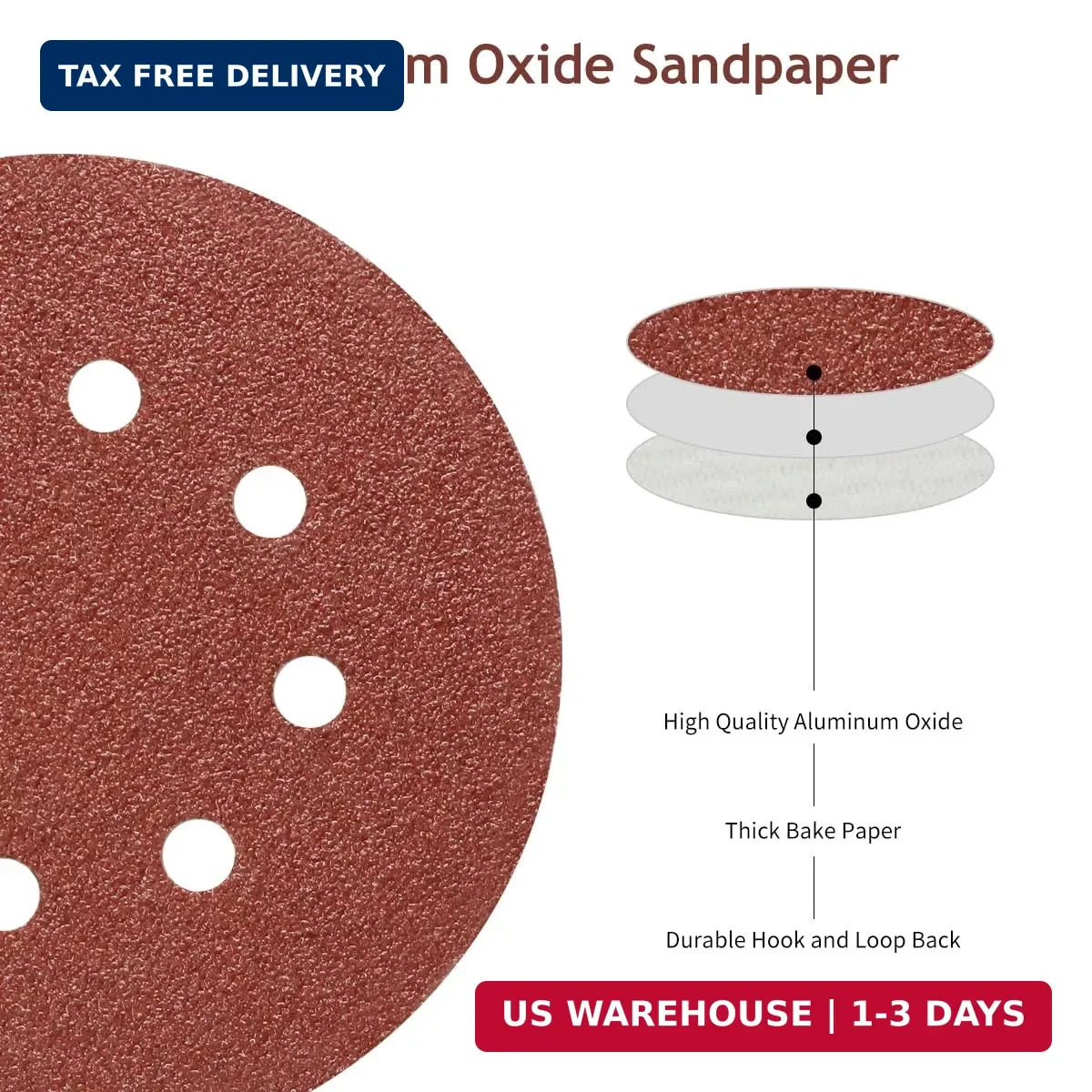 5 Inch 8 Hole Sanding Discs Hook and Loop, 50 PCS 80 Grit Round Sand Paper Disc,