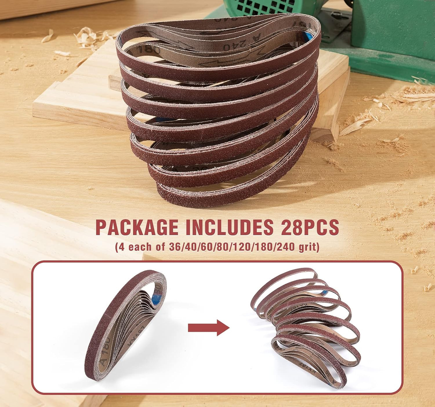 1/2×18 Inch Sanding Belts 28 Pcs 4 each of 36/40/60/80/120/180/240 Assorted Grit