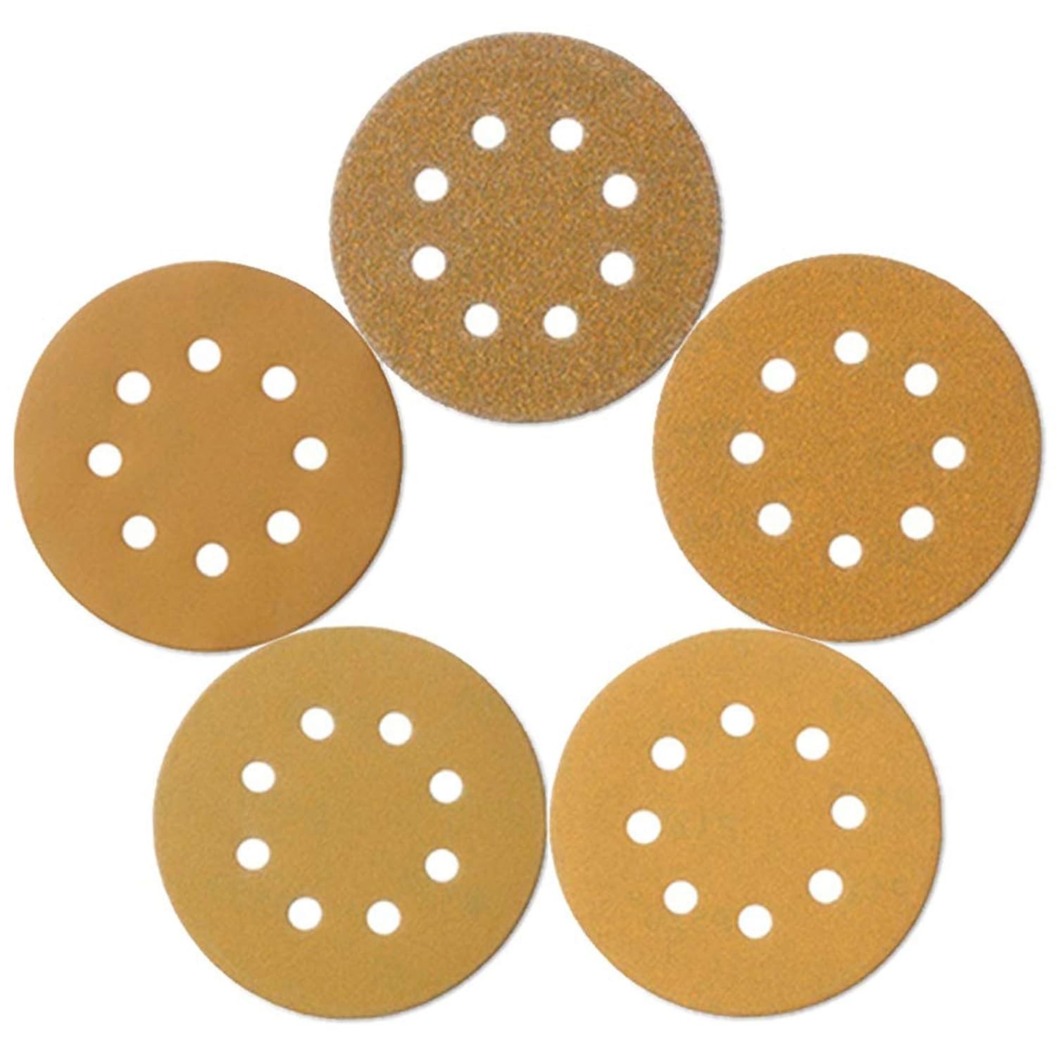50PCS 5 inch 8-H Sanding Discs P60-320 Gold Round Hook and Loop 125MM Sandpaper