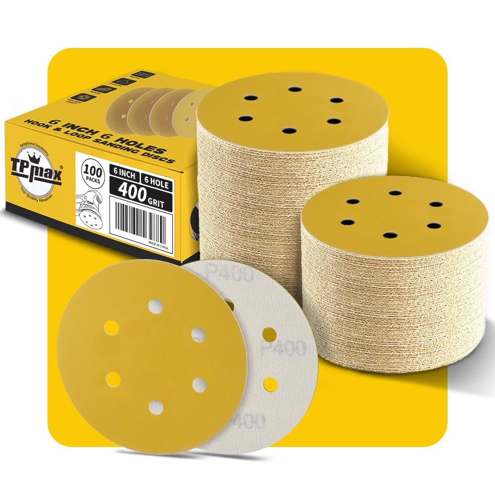 100PCS 6 Inch 400 Grit 150mm 6 Hole Sanding Discs Sandpaper – 6 Inch, Gold