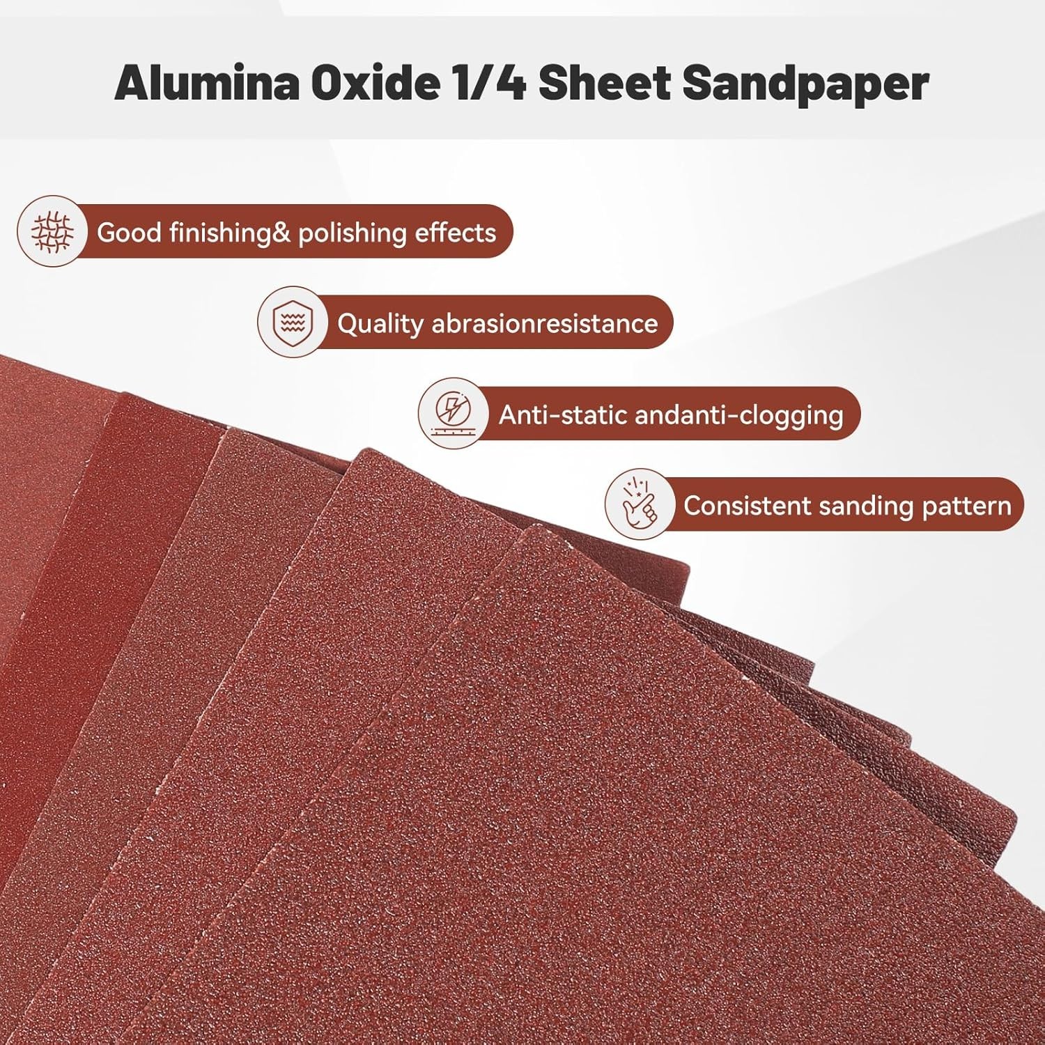 1/4 Sandpaper Sheet – 4-1/2” x 5-1/2”, P60 Grit, Red Aluminum Oxide, Plain Ba…