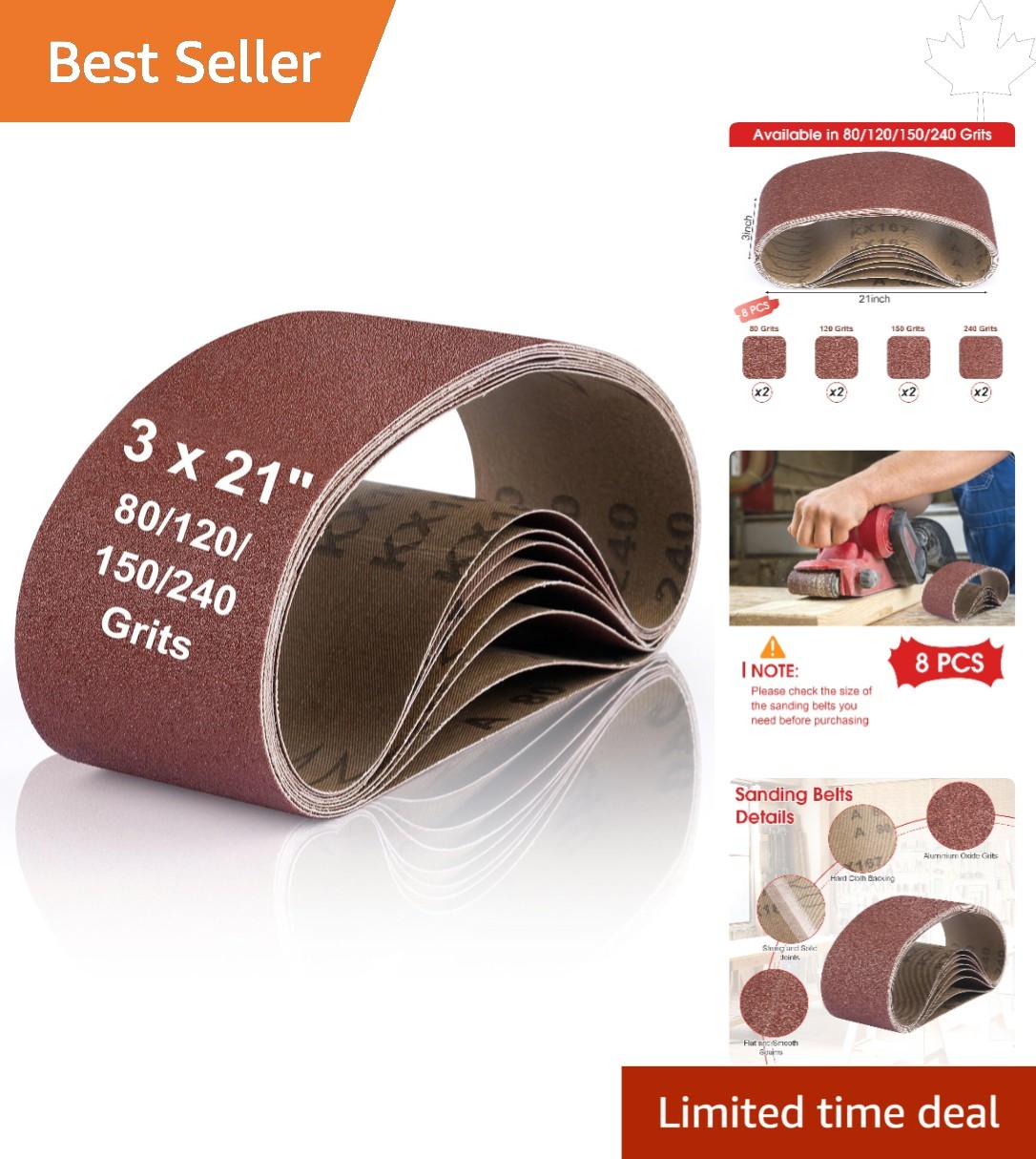 Sanding Belts for Multiple Applications – Aluminum Oxide 3 x 21 Inch – 8 Pcs