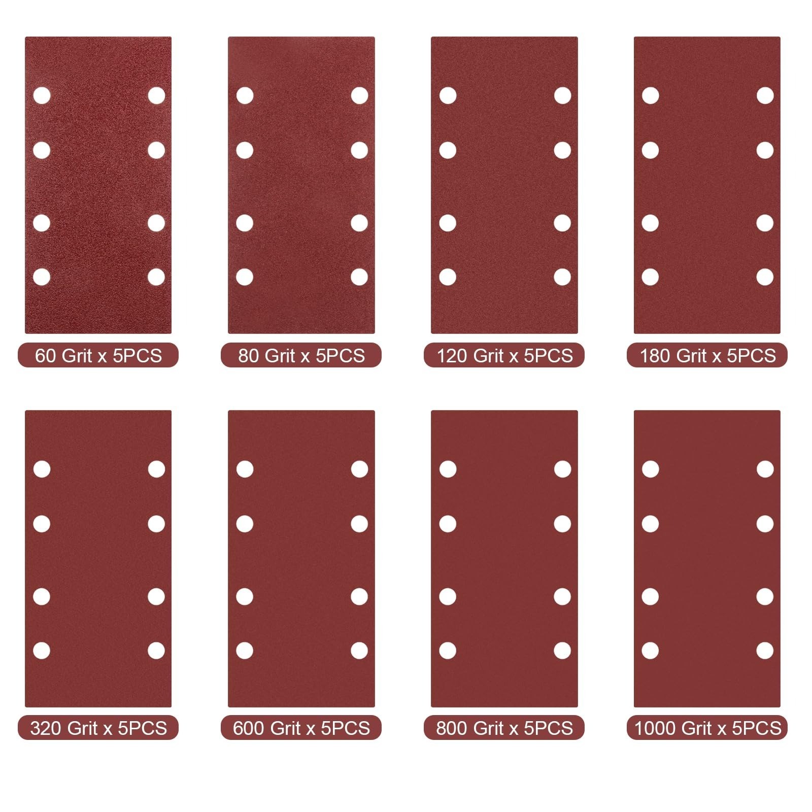 Auriikoop Sandpaper Sheets Set 40 Pcs 8 Holes Hook & Loop 60-1000 Grits