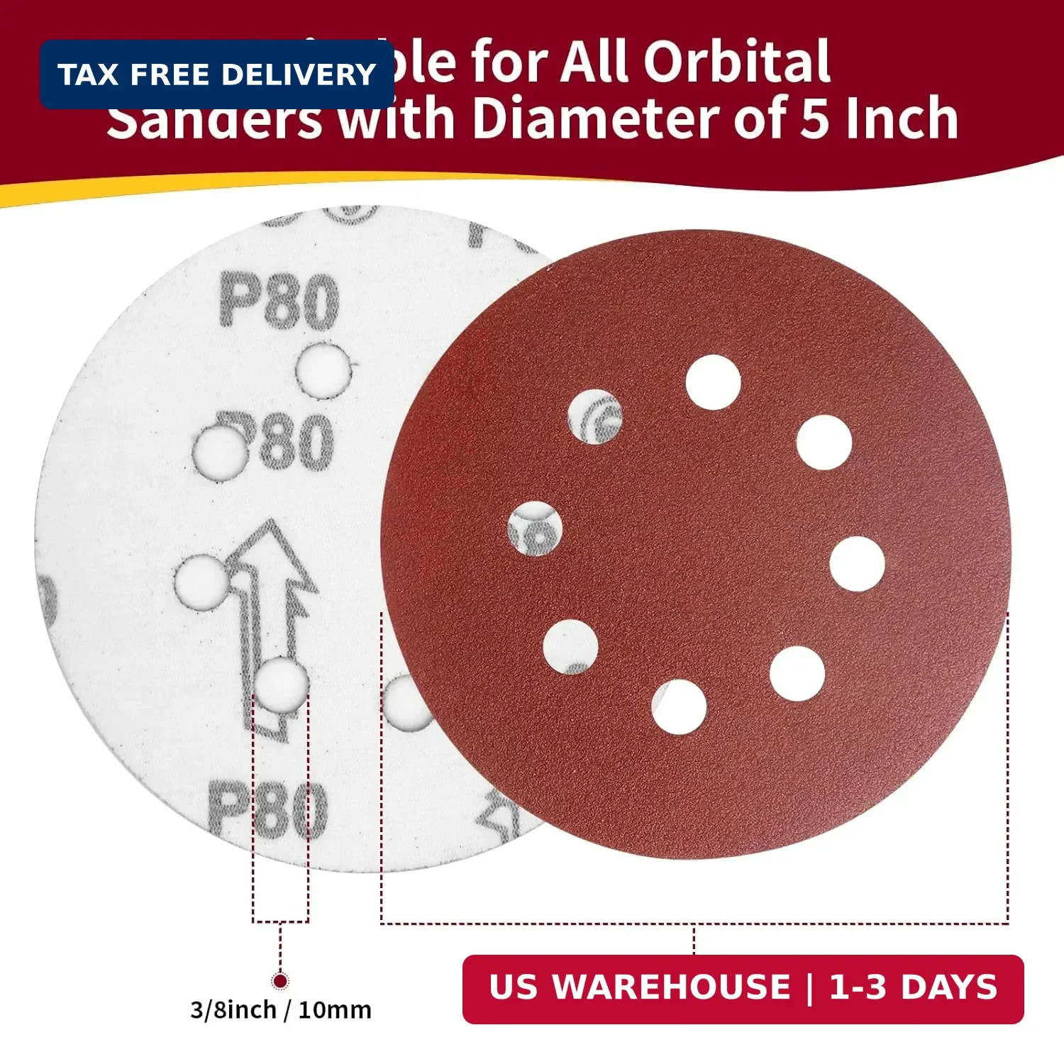 5 Inch 8 Hole Sanding Discs Hook and Loop, 20 PCS 80 Grit Round Sand Paper Disc