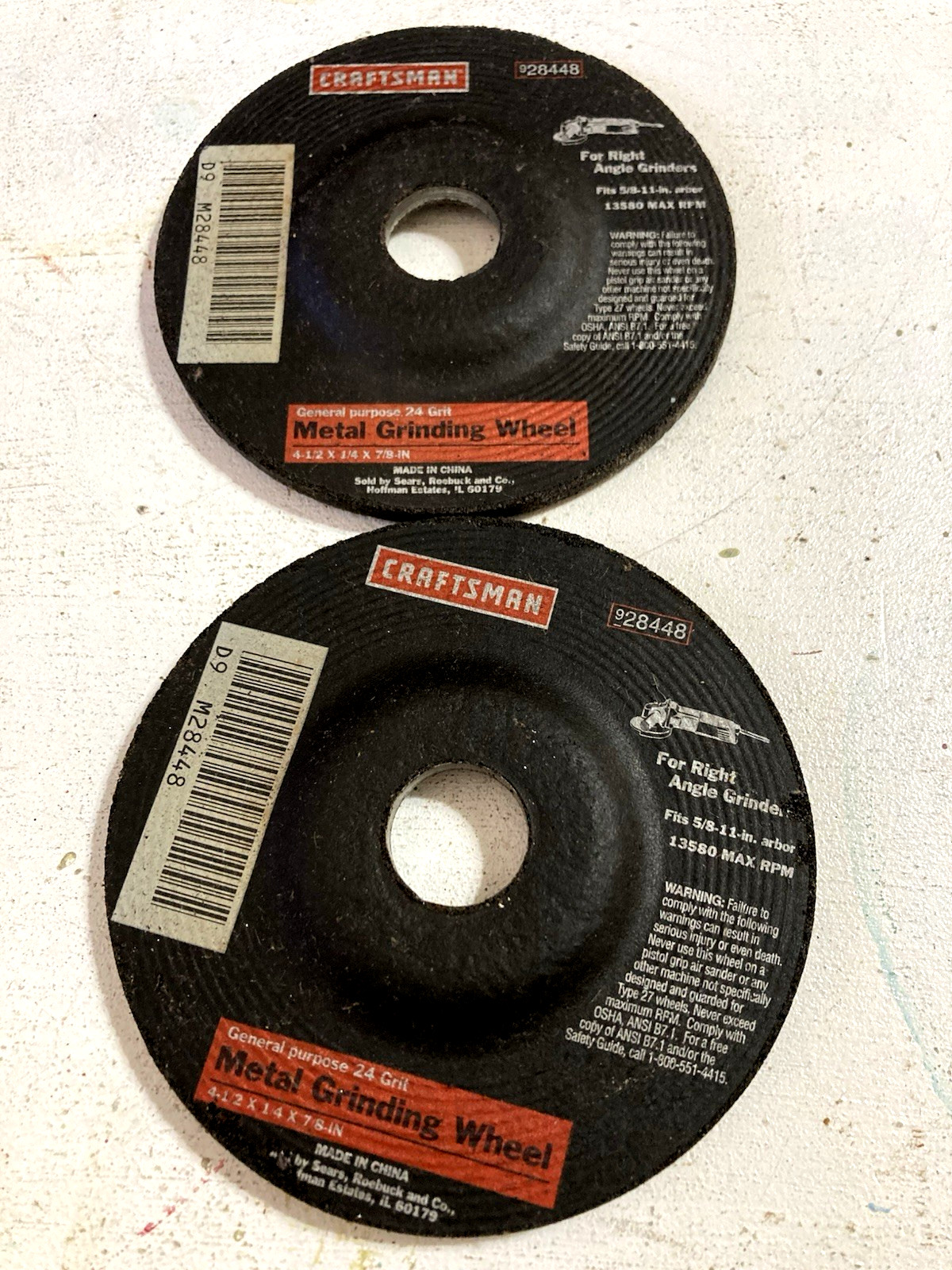 Lot 2 Sears Craftsman 9 28448 Metal Grinding Wheel 24 grit 4 1/2 x1/4x 7/8 in.