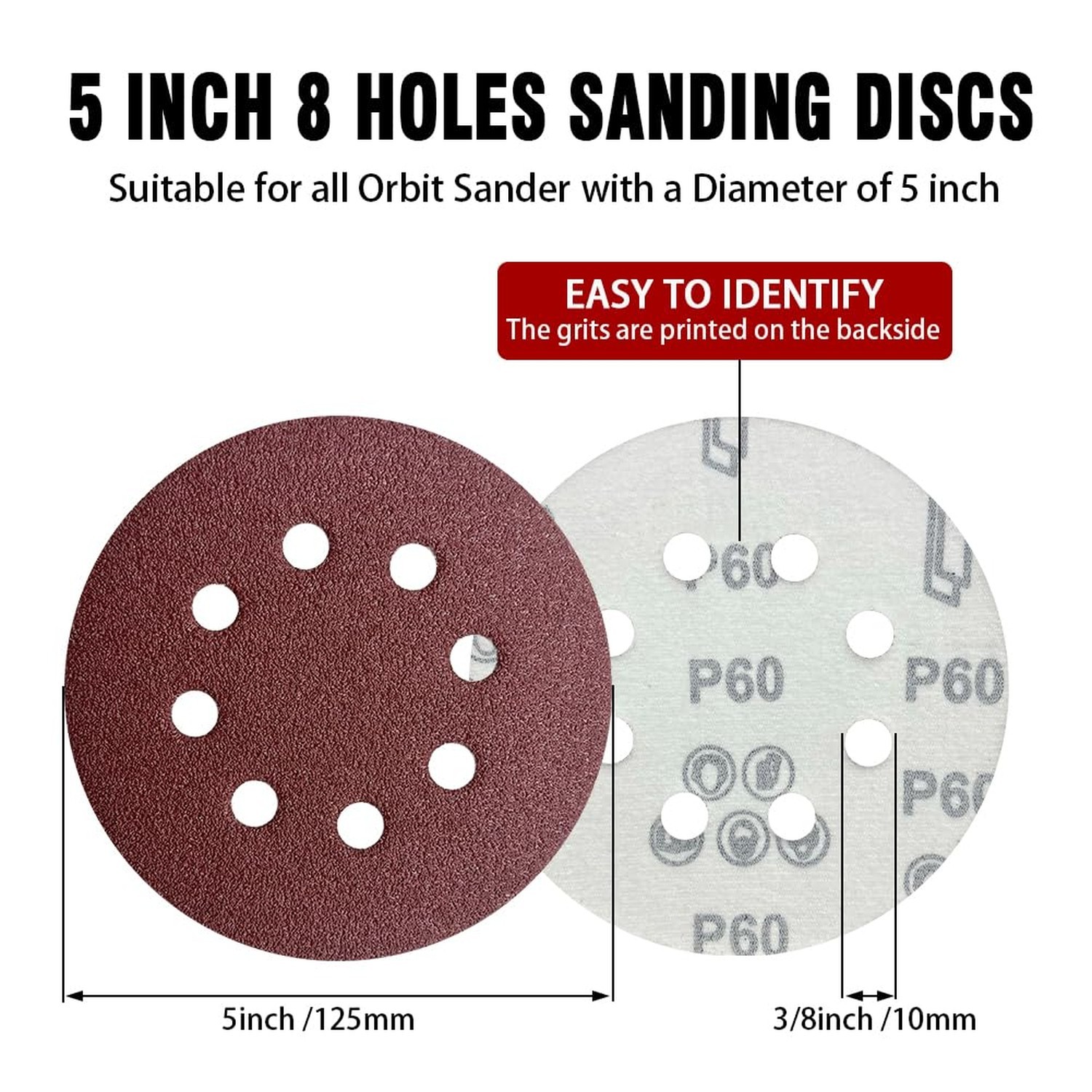 44 Pack 5 Inch 8-Hole Hook and Loop Sanding Discs Sandpaper Red Round 60 Grit…