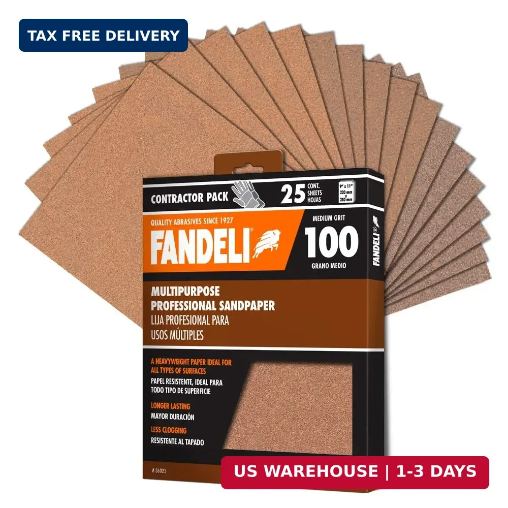Multi-Purpose Sandpaper | 100 Grit | 25 Sheets of 9” x 11” | Ideal f