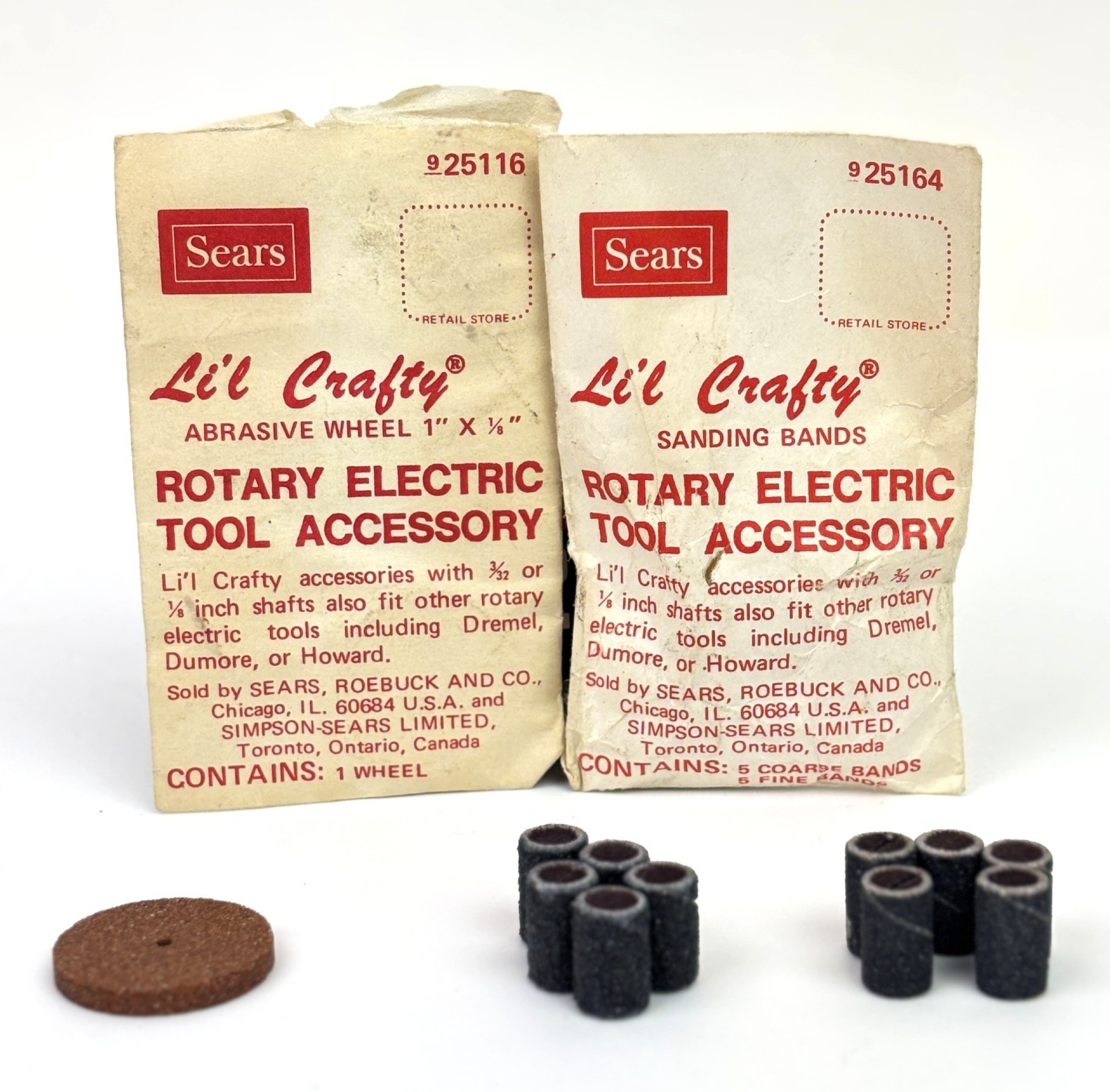 Vtg Sears Li’l Crafty Rotary Tool Accessories Lot Abrasive Wheel & Sanding Bands