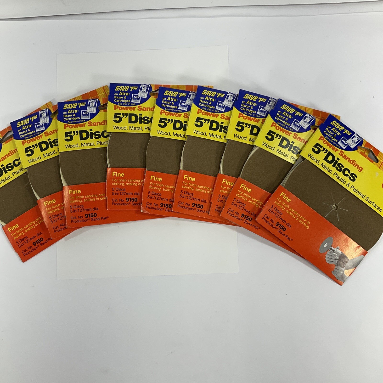 9 NEW 3M 9150 PACKS (5) SHEETS 5″ ROUND CENTER MOUNT FINE GRIT SANDPAPER 127mm