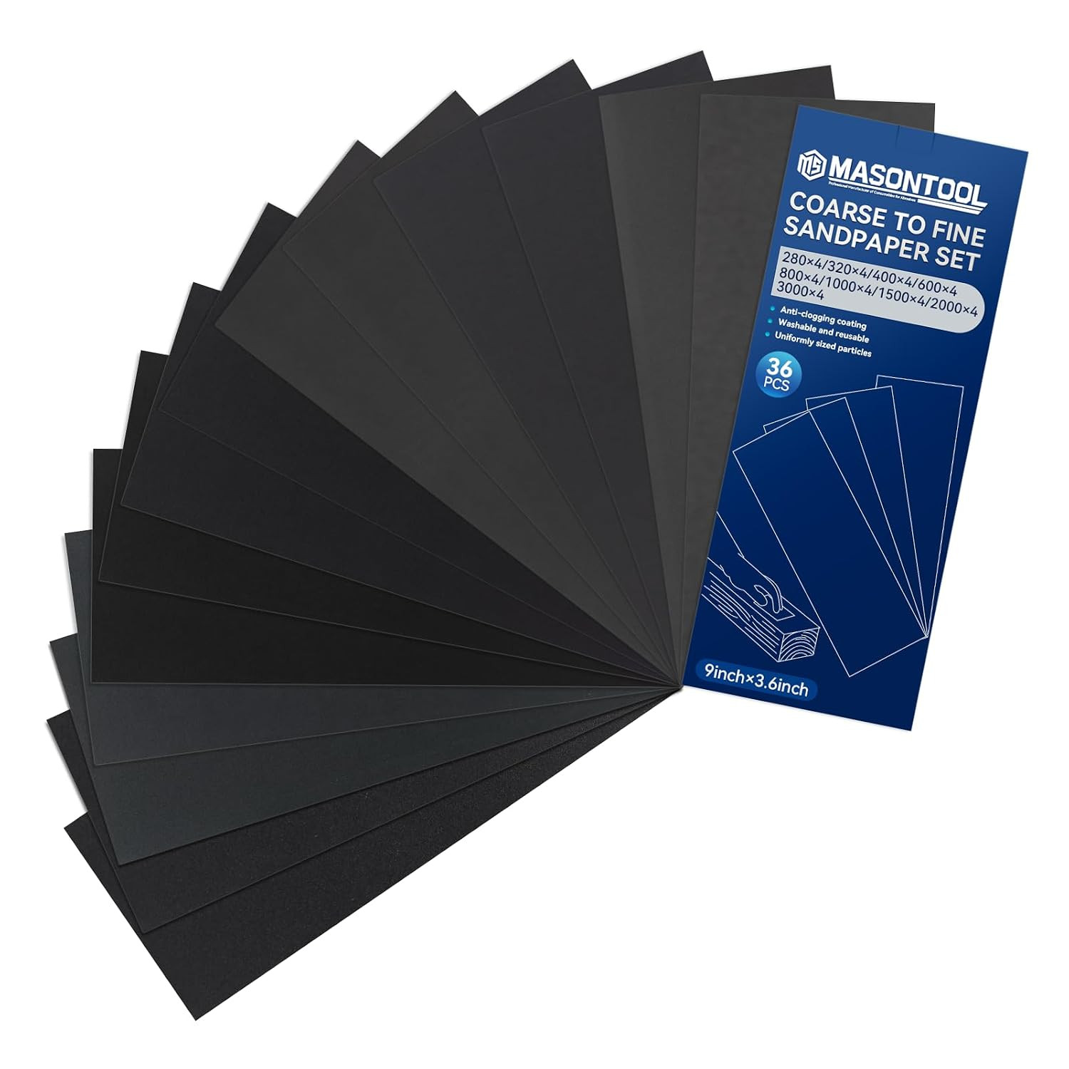 36 Pcs Wet Sand Paper Assortment, 280-3000 Grit 9 X 3.6 Inch |