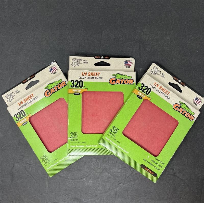 (3 PACK) Gator 1/4 Sheet Red Resin 320 Grit 25 Sheets Aluminum Oxide 5136