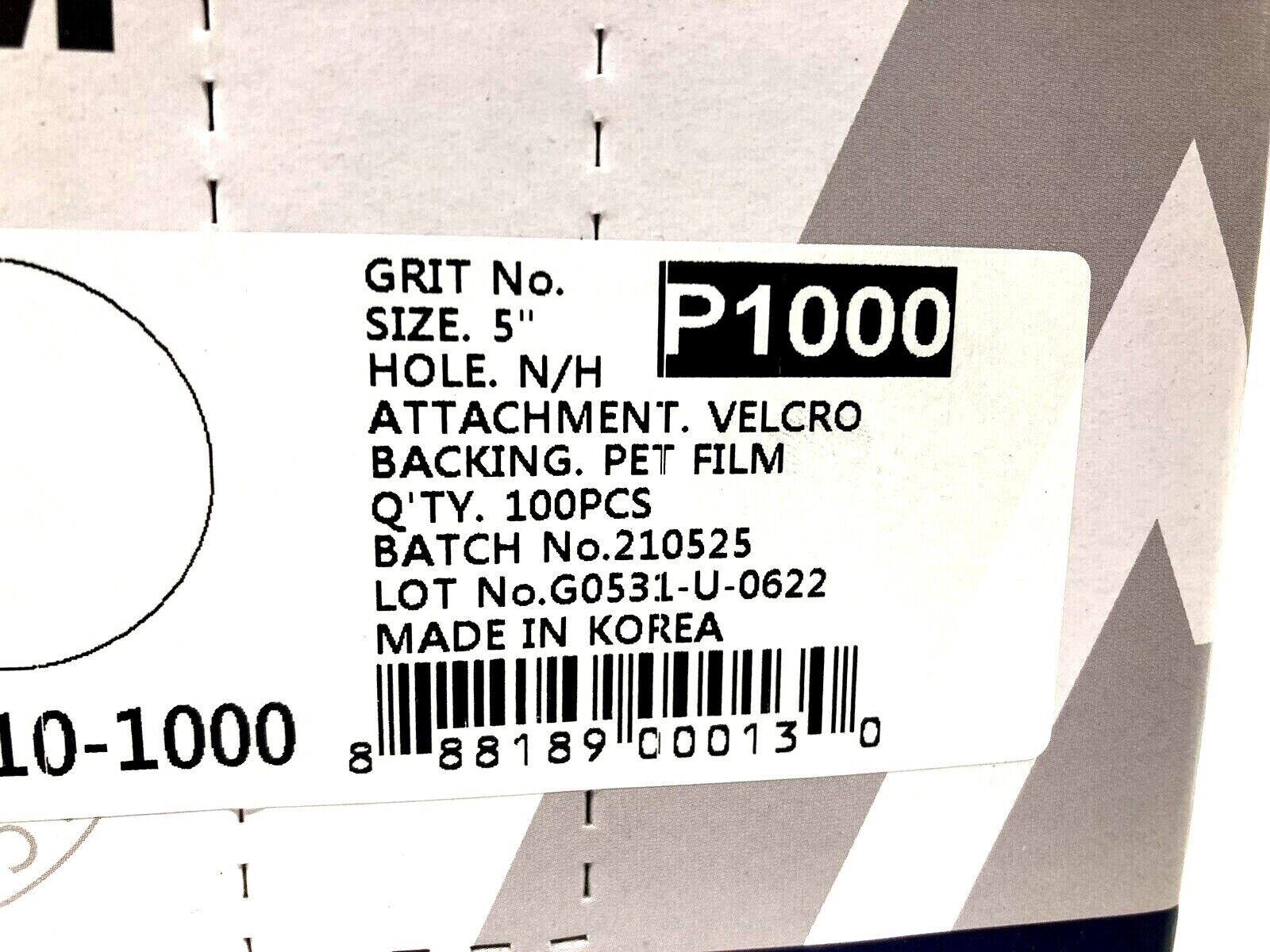 100 Count Box of Hanko 5″ No-Hole Film 1000G Sanding Discs Hook & Loop Backed