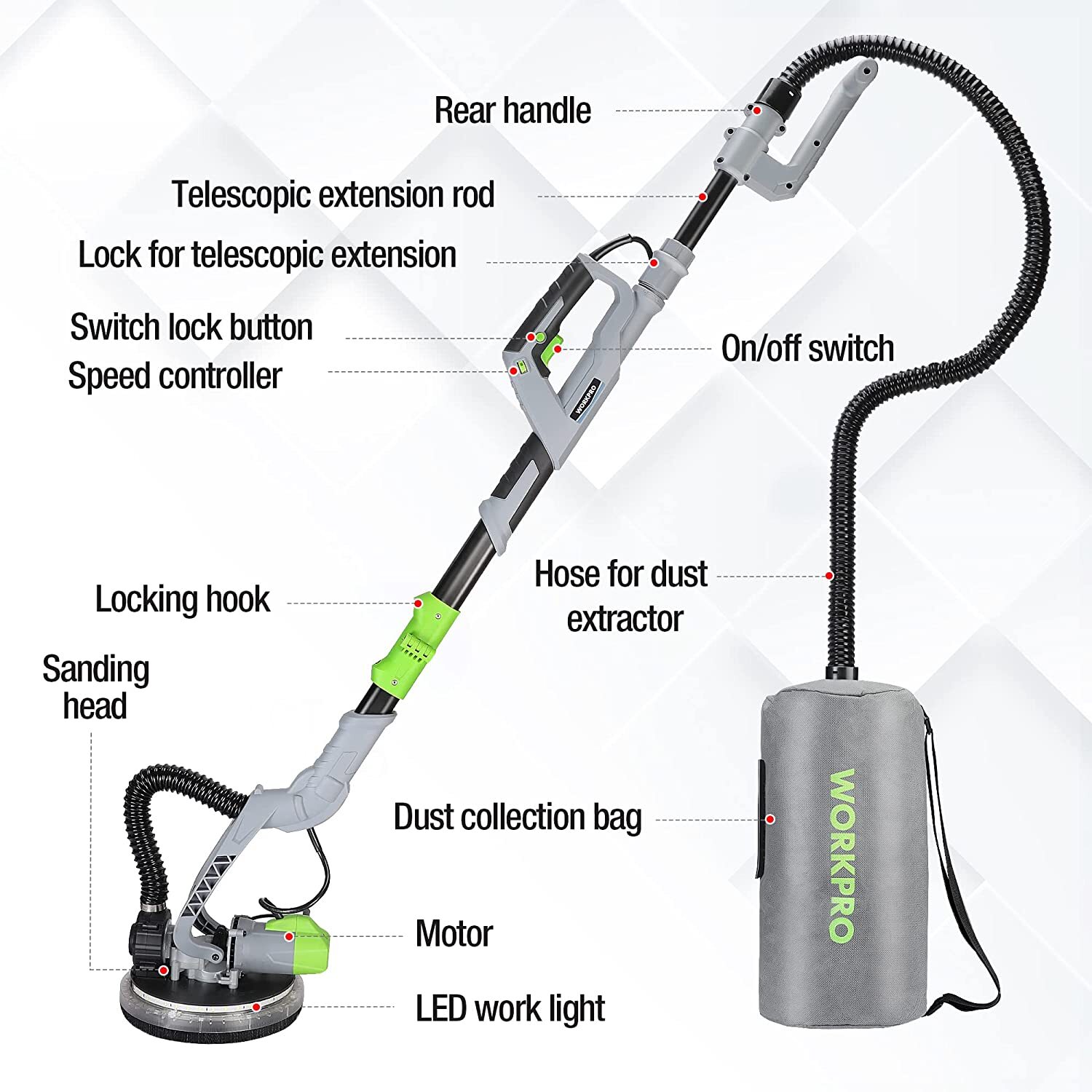 WORKPRO Electric Drywall Sander Kit w/12PC Sandpapers 720W 1100-1850RPM DUSTFREE