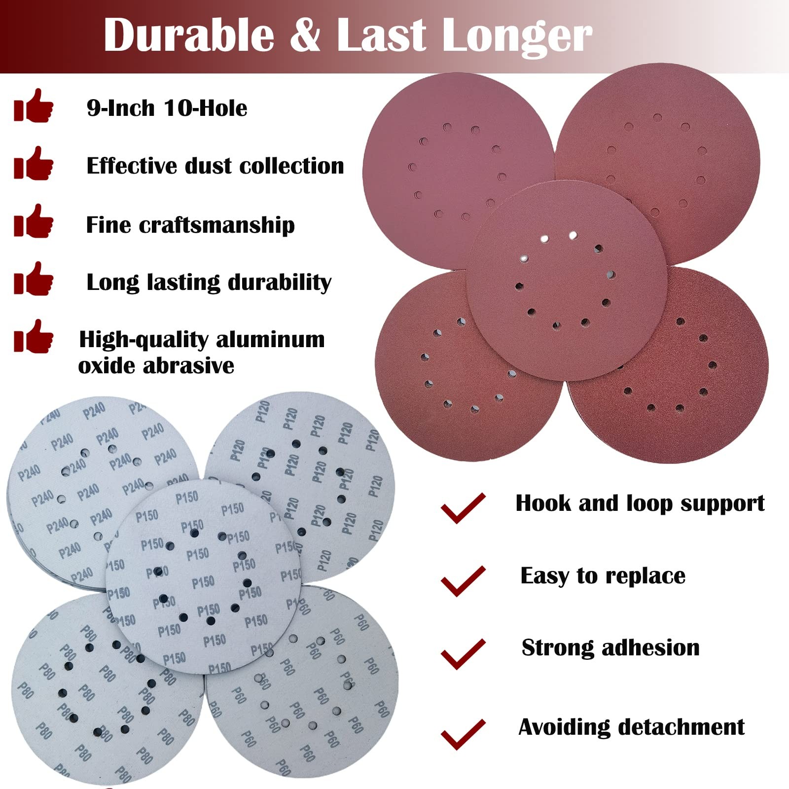 50 PCS 9-Inch 10-Hole Hook-and-Loop Sanding Discs for Drywall Sander -10 Pack…