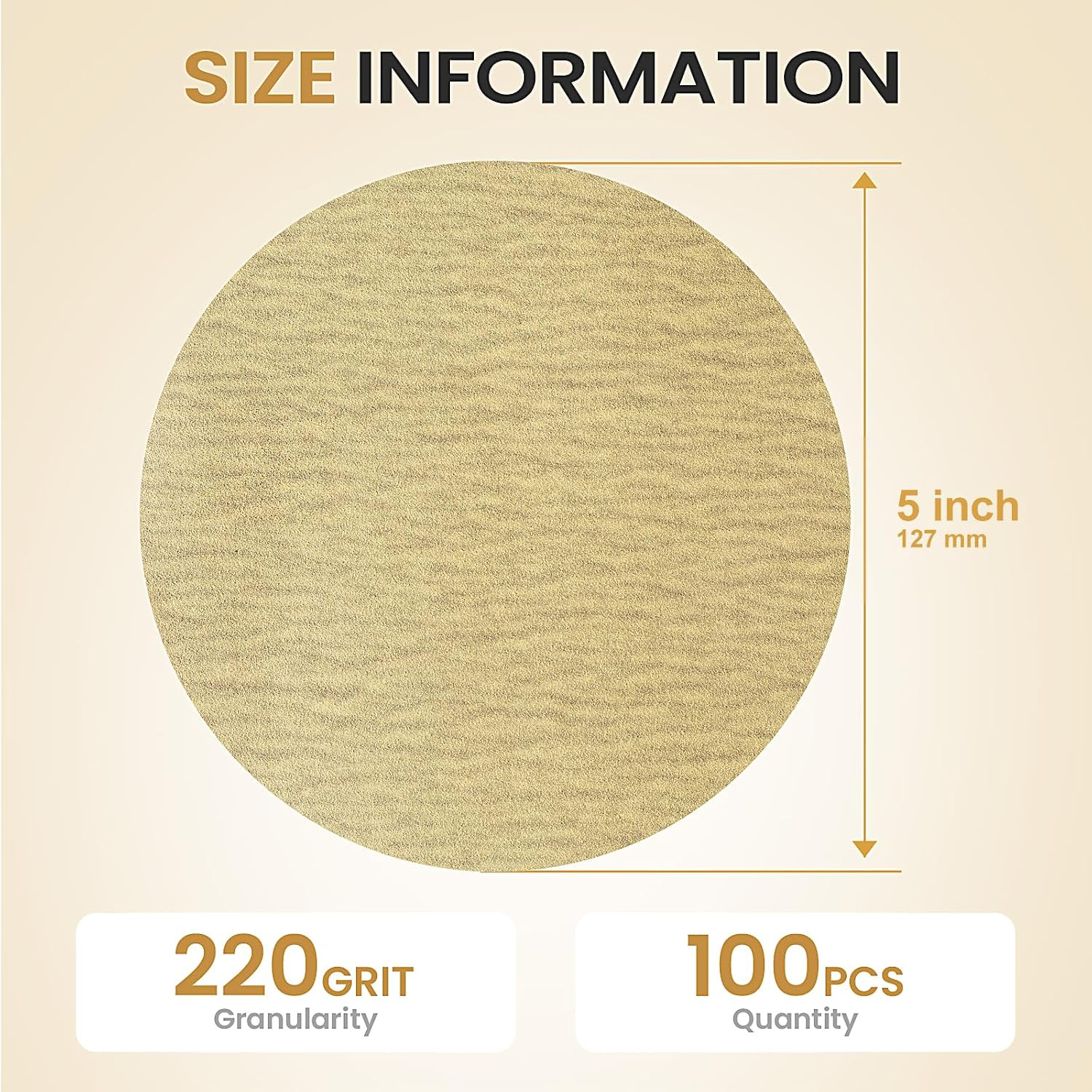 5 Inch 100 PCS Gold Sanding Discs 220 Grit Self Adhesive Sticky-Back Sandpaper