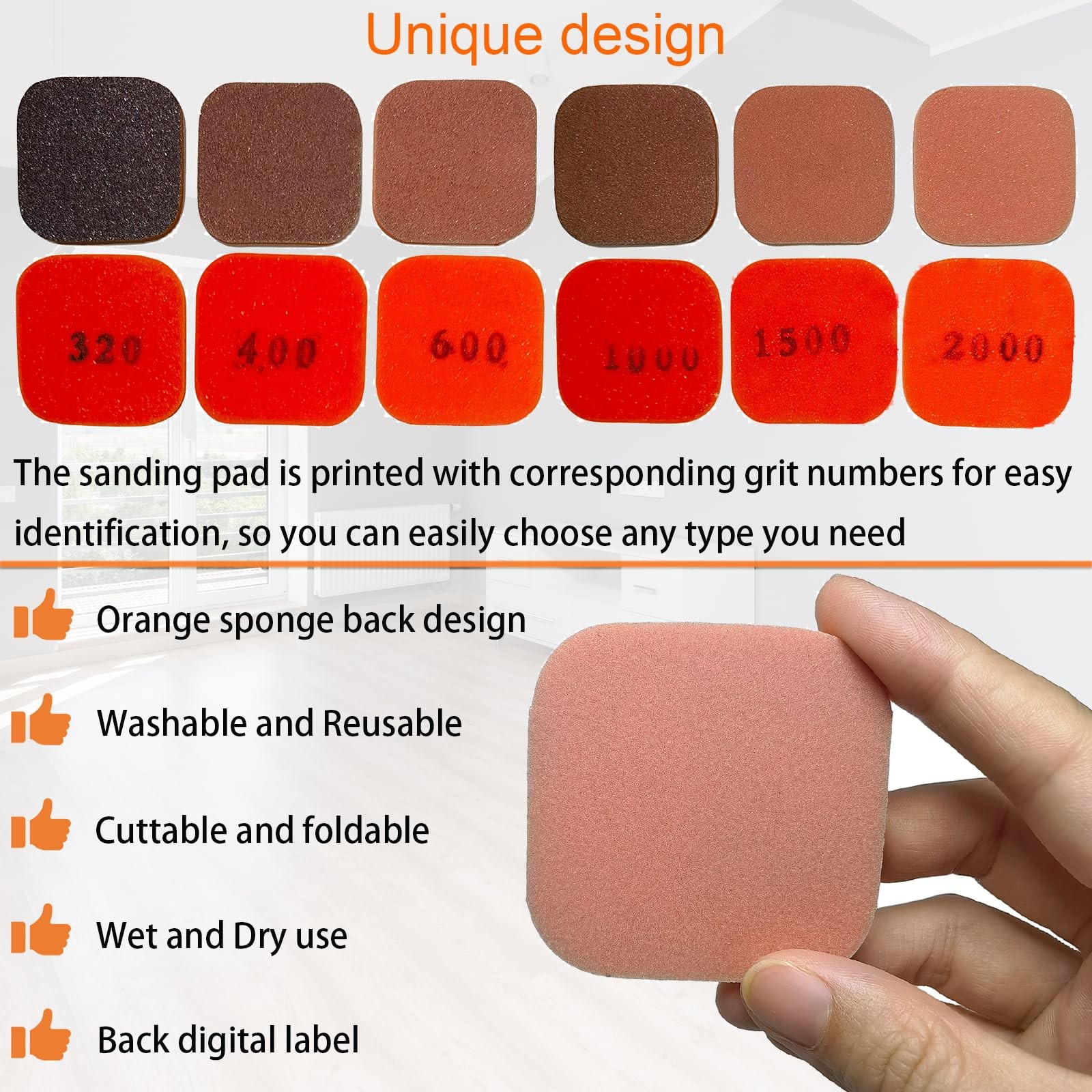 Toromp 2×2 Inch Soft Touch Sanding Pads 27 Pack Orange 320-3500 Grit