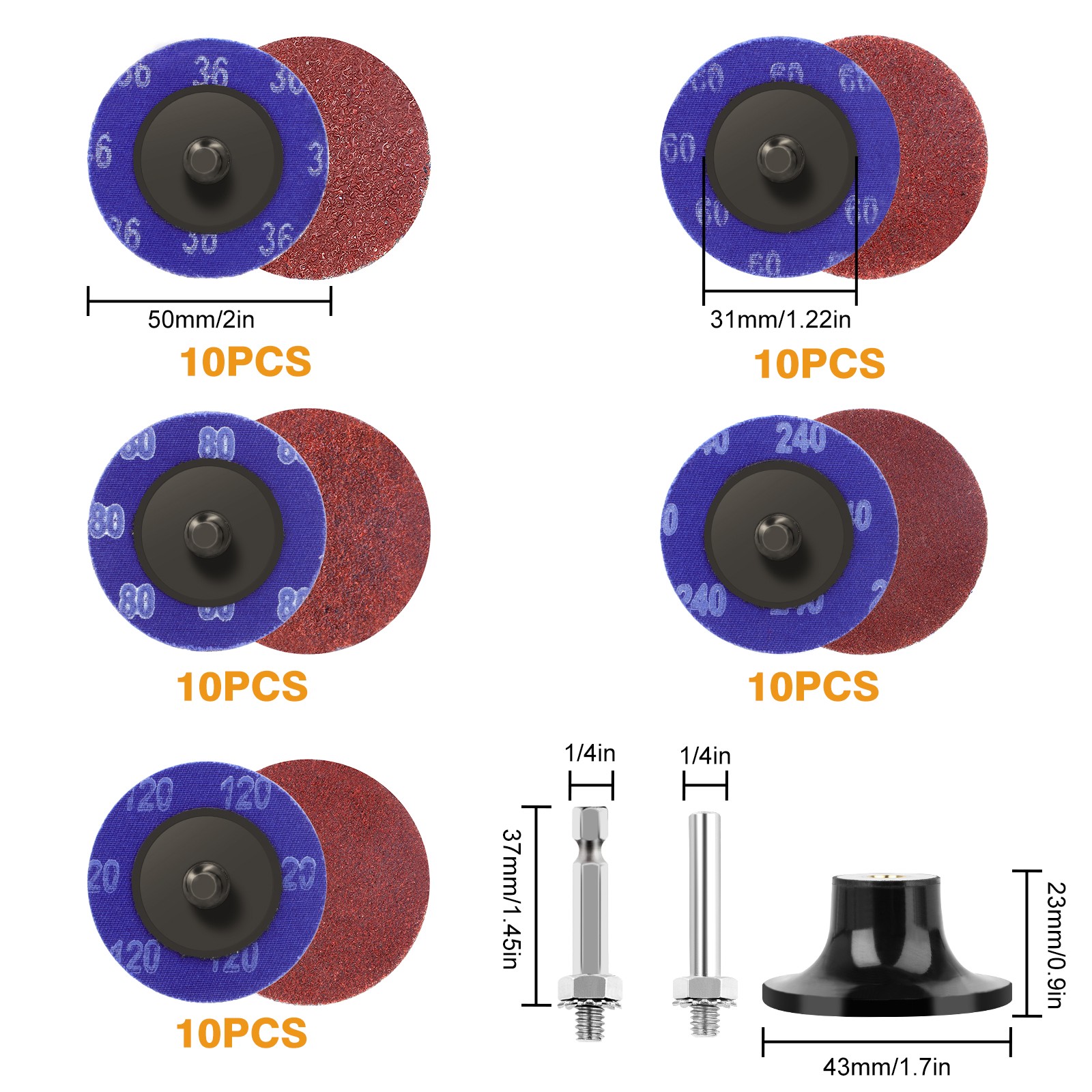 52X 2″ 36 60 80 120 240 Grit Roll Lock Sanding Disc Quick Change for Die Grinder