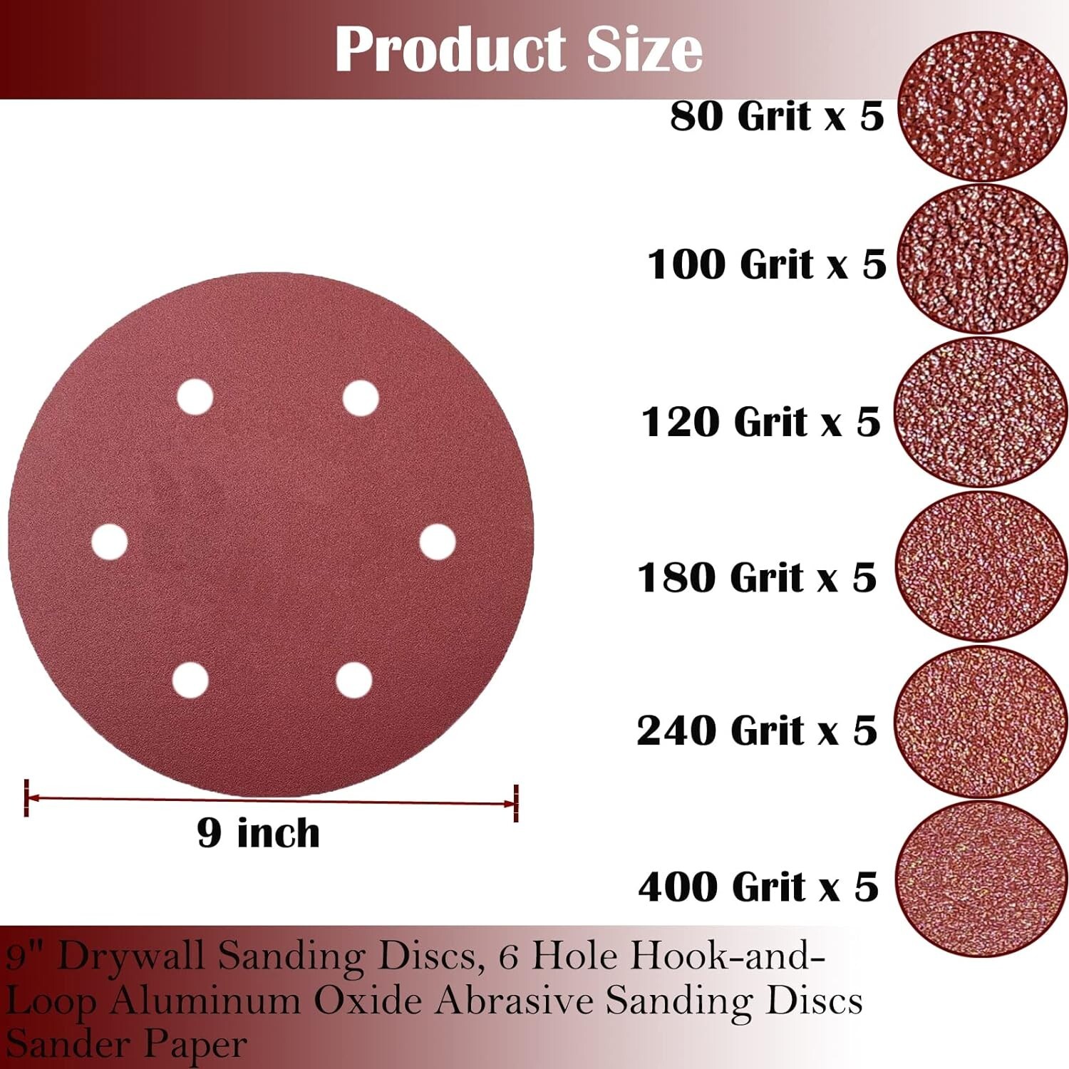 30 PCS 9-Inch 6-Hole Hook-And-Loop Sanding Discs Sander Paper for Drywall Sander