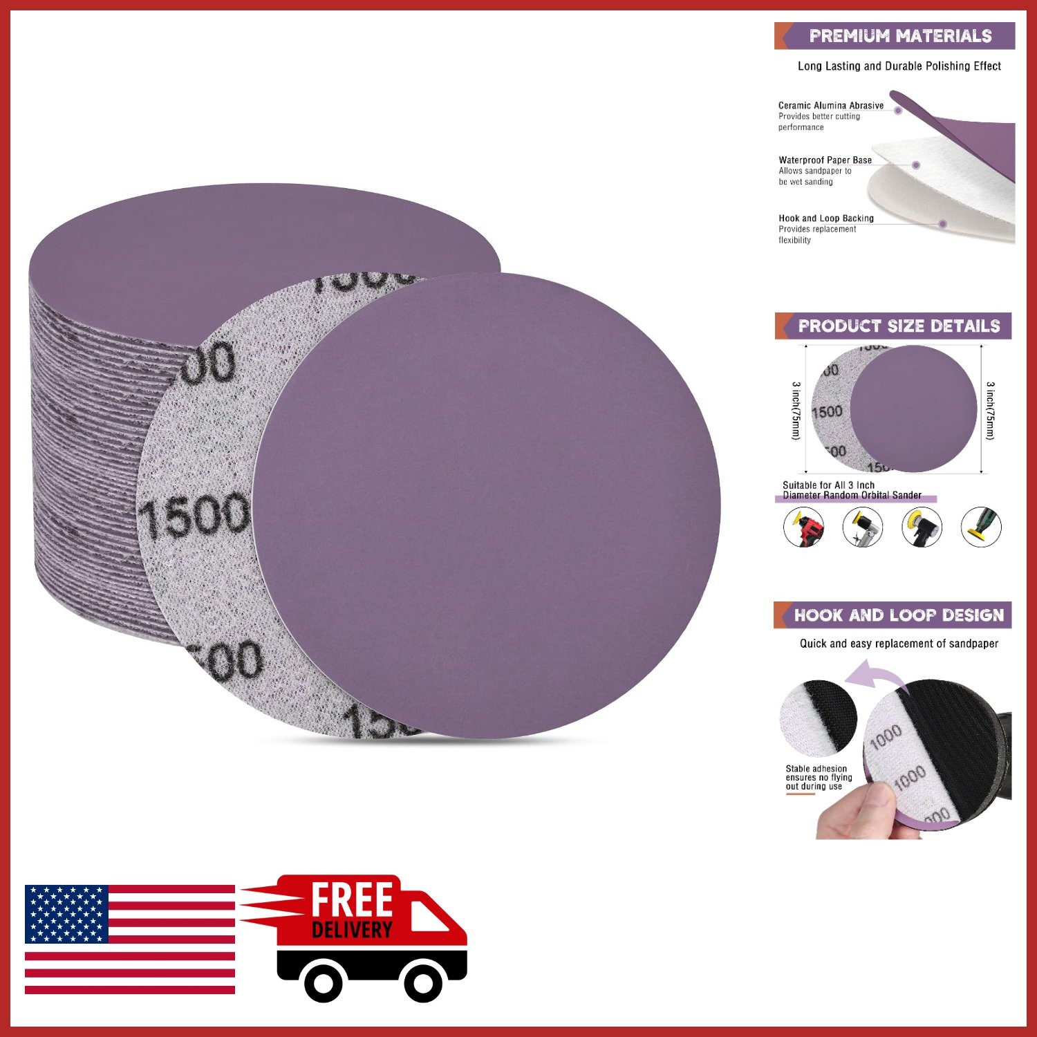 Aluminum Oxide Sanding Discs 3-Inch 1000 Grit for Wood Metal Finishing 35 Pcs