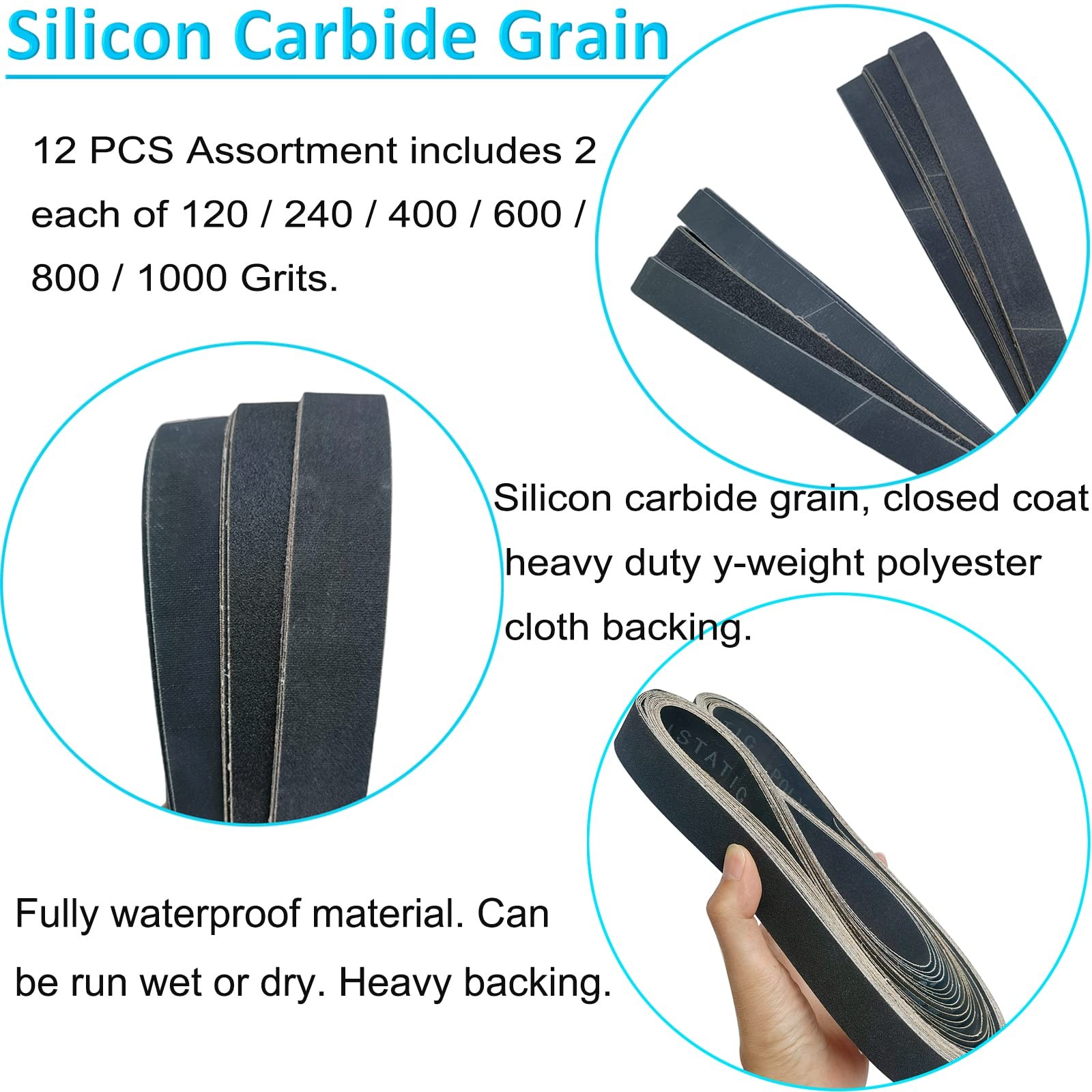 12 PCS 1×42 Inch Silicon Carbide Sanding Belts Assortment 1201000 Grits New