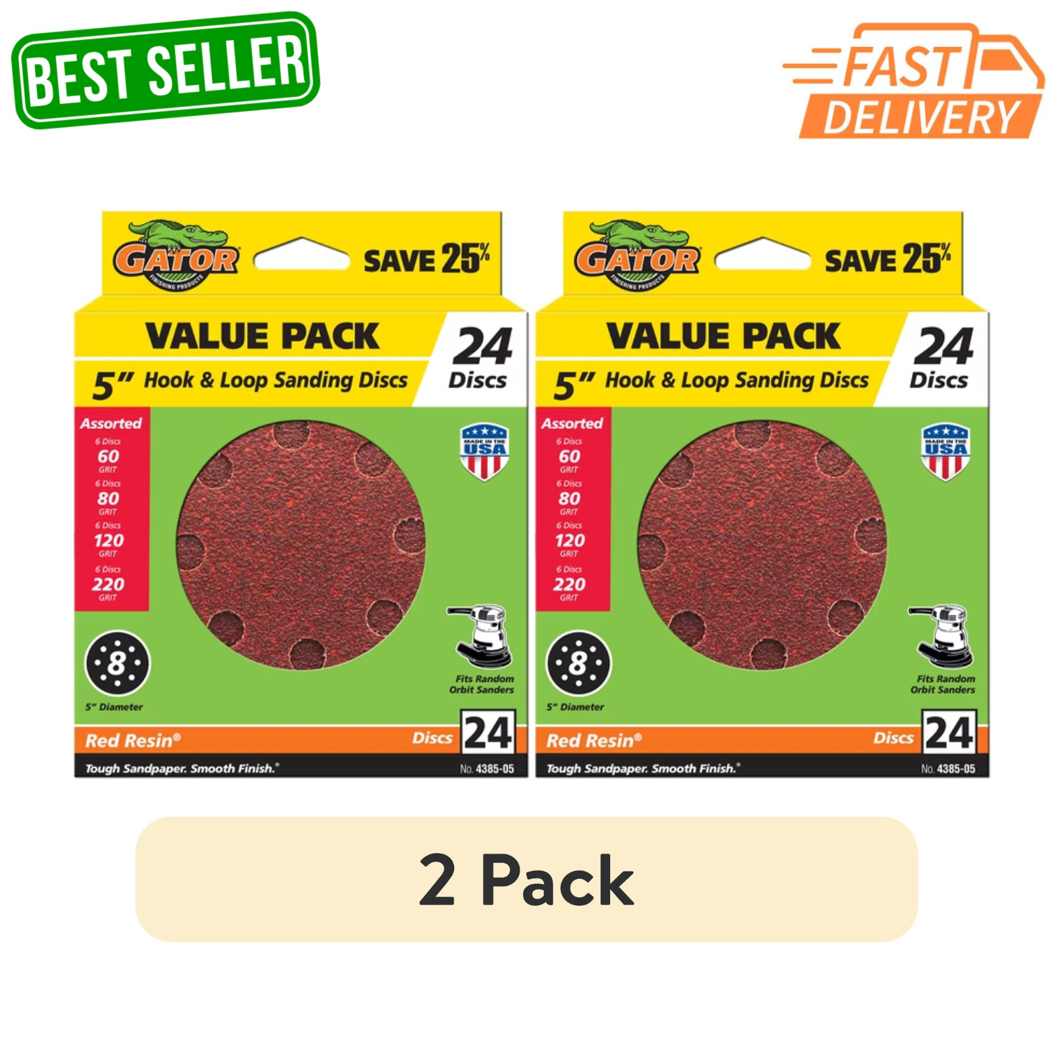 2 Pack Gator 438505 5 Inch Assorted Grit Hook and Loop Sanding Discs Box