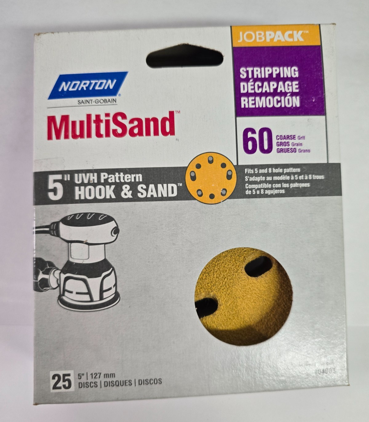 5″ Hook & Loop Sanding Discs, 8 Hole, Norton, 60 Grit, #04063, 25 pack