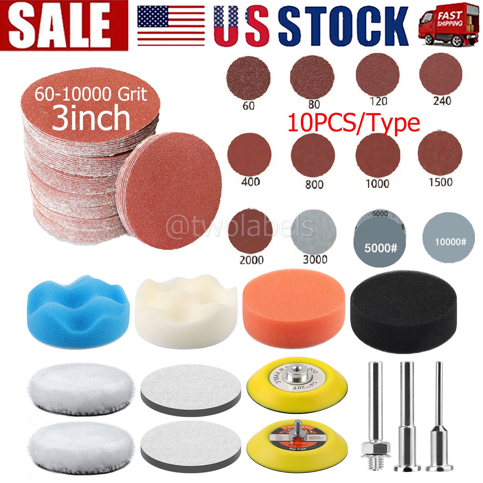 3 Inch Sanding Disc Kit, 133pcs 60-10000 Grit Wet Dry Hook & Loop Sandpaper Pads
