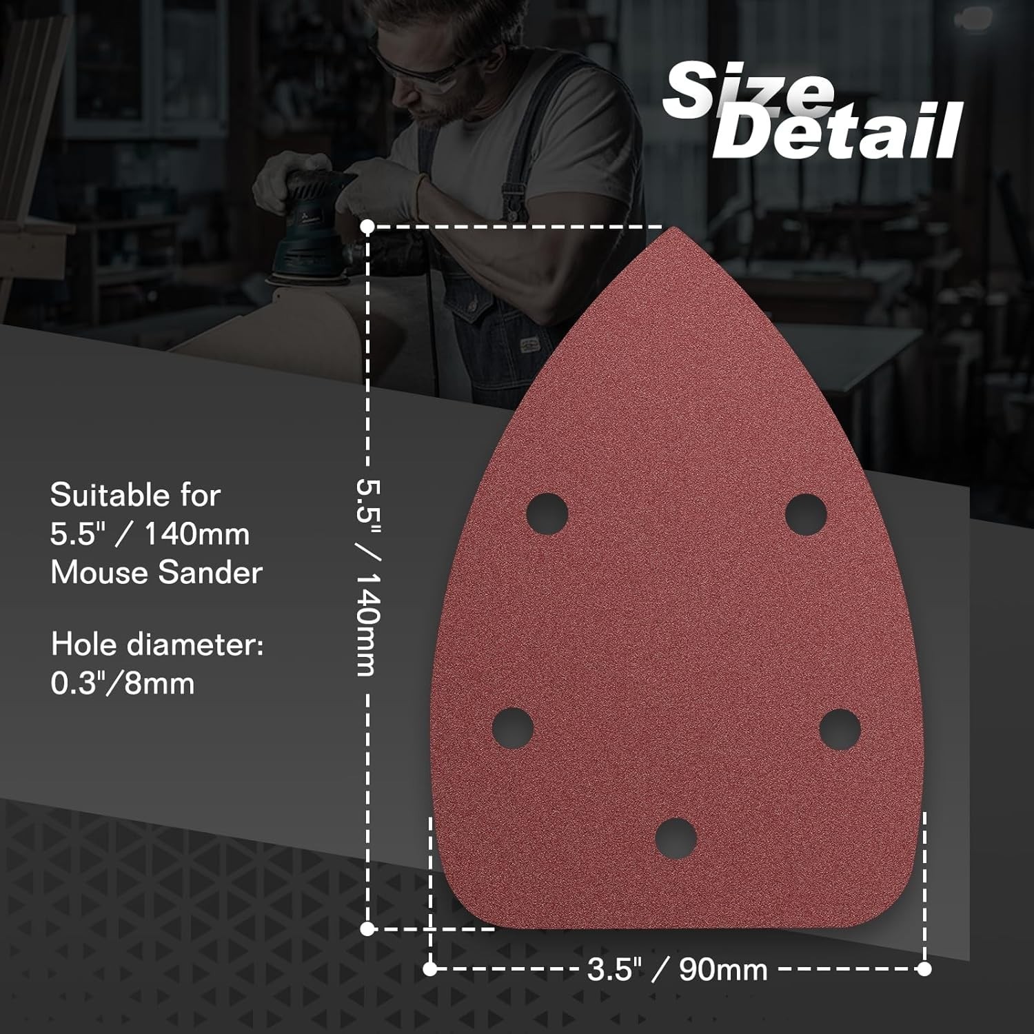 50PCS Mouse Detail Sander Sandpaper, 40 Grits Triangle Sanding Pads, 5 Holes San