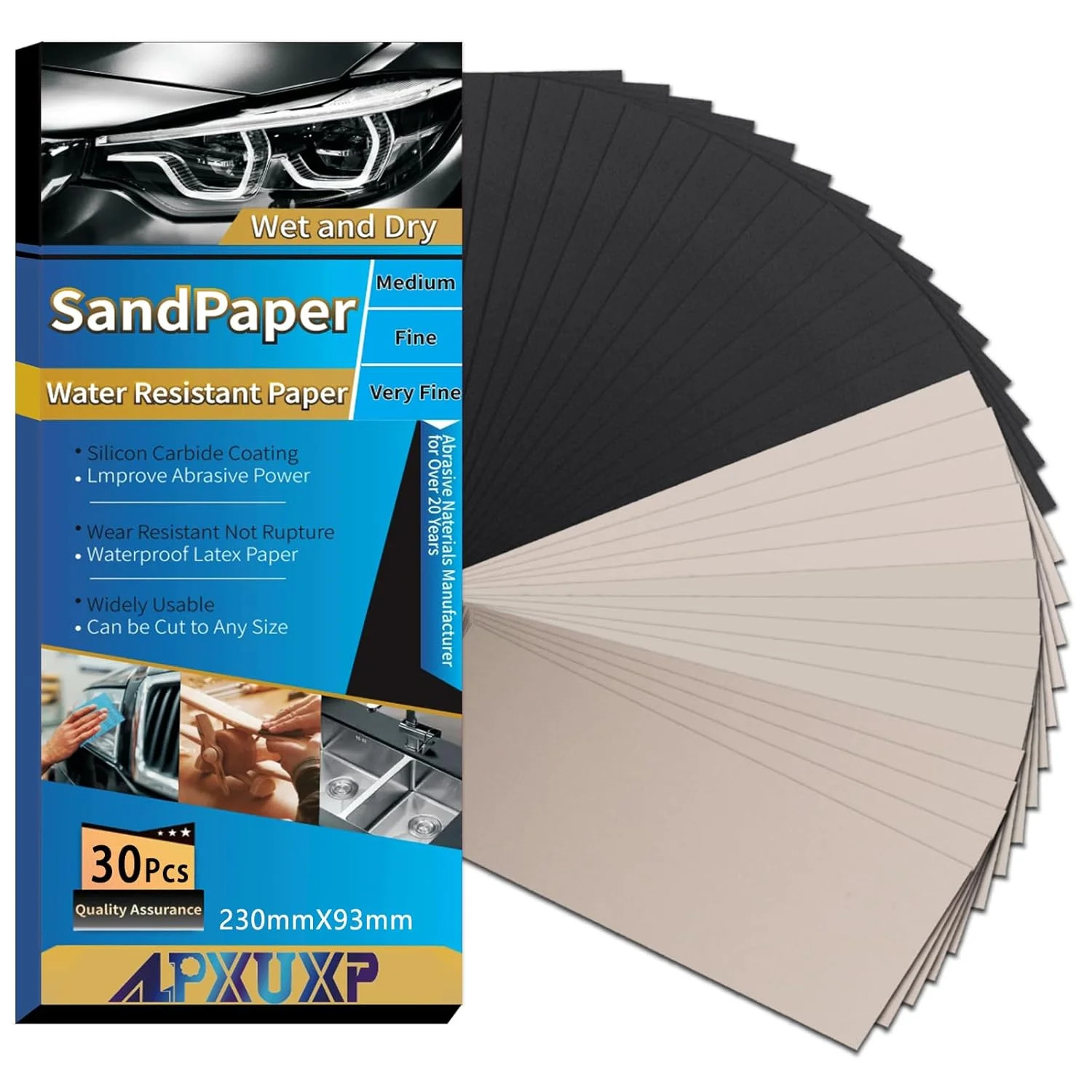 Wet Dry Sandpaper 30Pcs Ultra Fine Waterproof Sand Paper Sheets 9×3.6 Inch Inclu