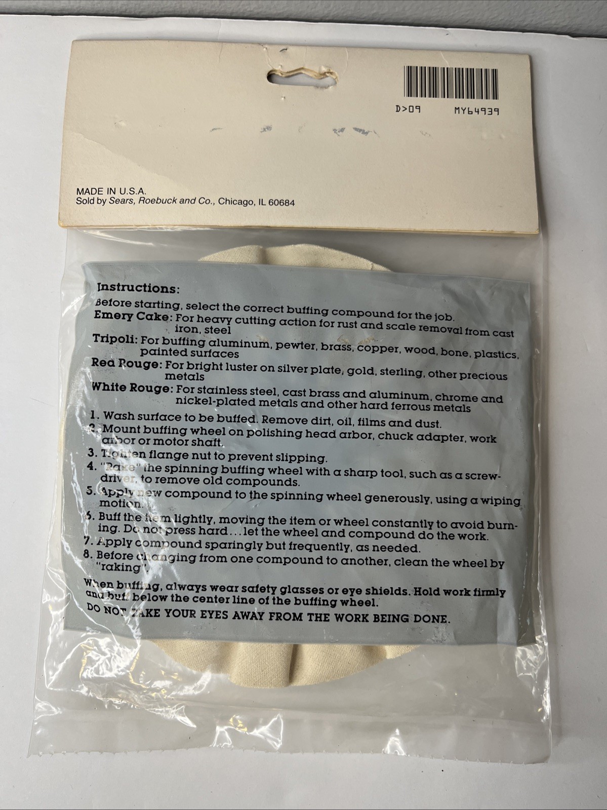 Craftsman 6-in Diameter Buffing Wheel #964939 NOS Made in USA Sears Roebuck