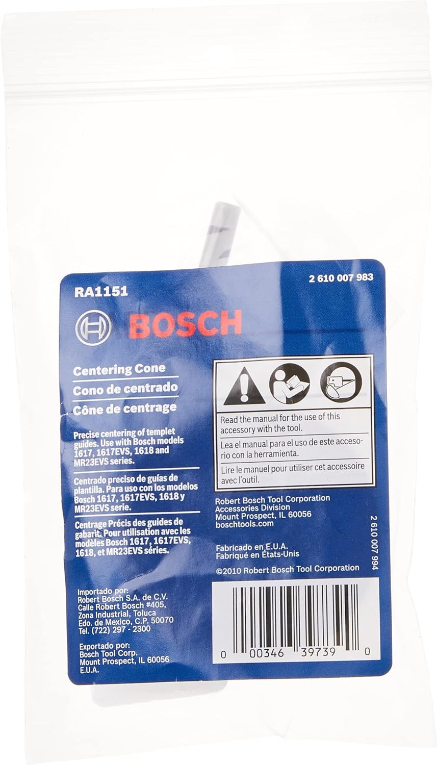 BOSCH RA1151 Router Subbase Centering Pin and Cone Works with 1/4 In. or 1/2 In.