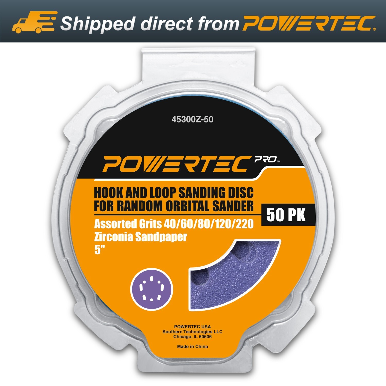 POWERTEC 5-Inch Hook and Loop Sanding Disc, Assorted Grits Zirconia Sandpaper