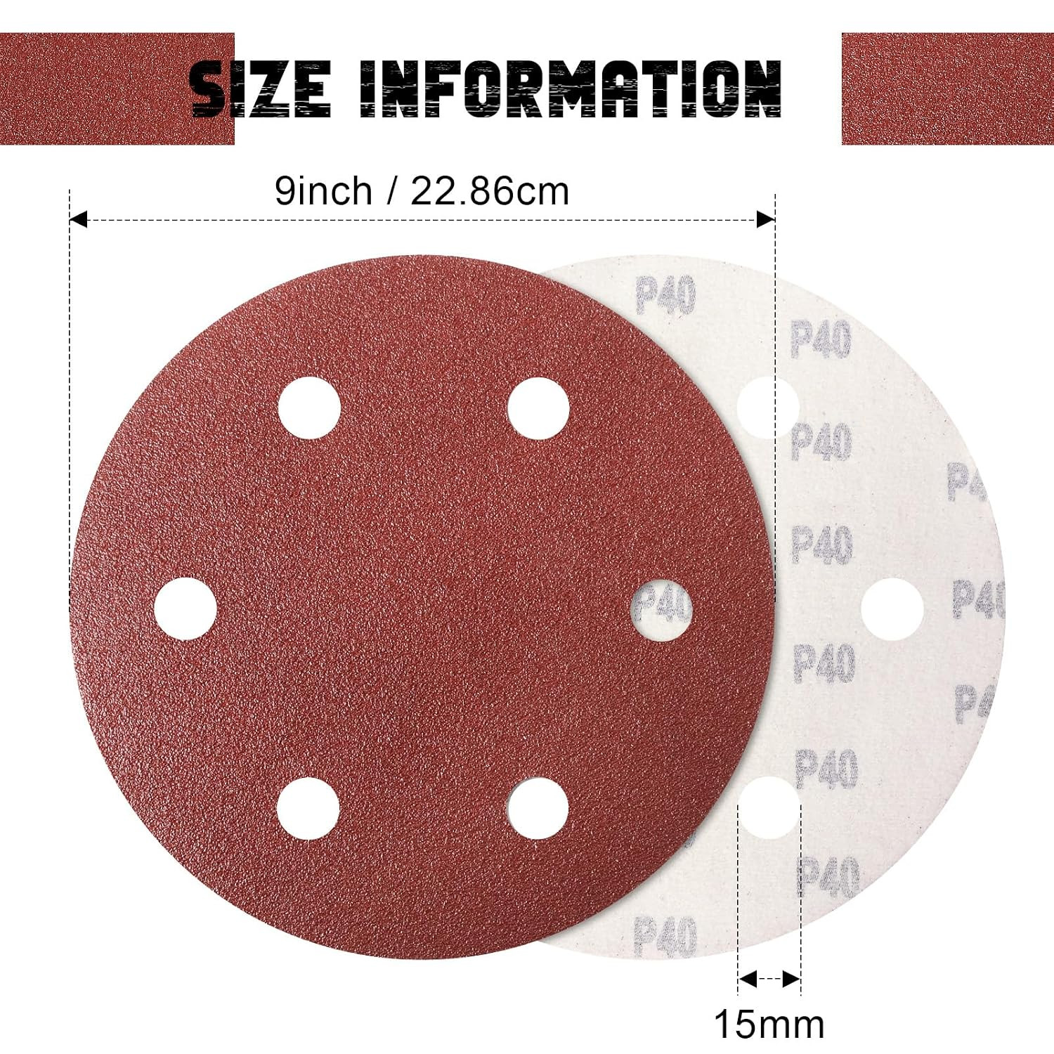 9 Inch 6 Hole Sanding Disc, 40-400 Grit 15 Pieces Hook and Loop