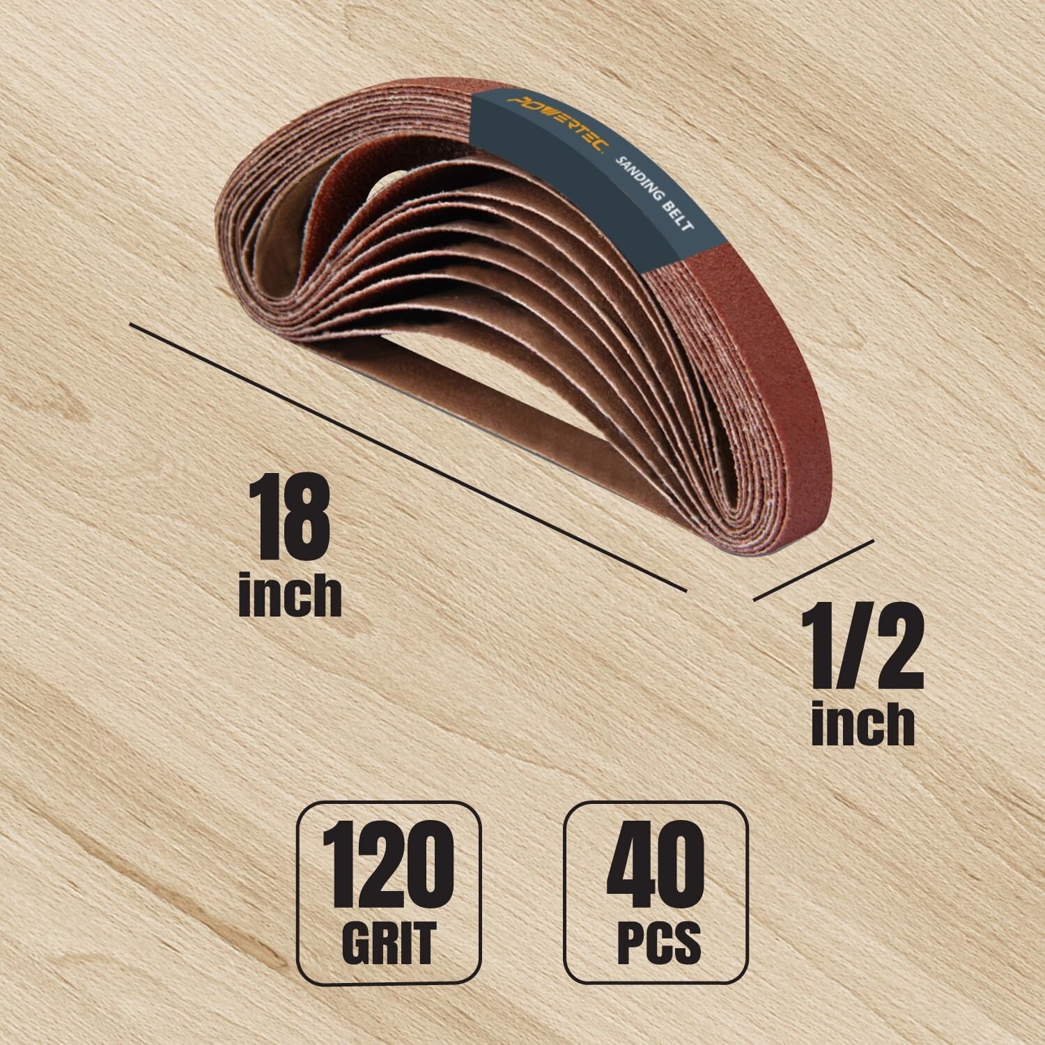 POWERTEC 401812-P2 1/2 x 18 Inch Sanding Belts, 120 Grit AO Belt – 40PK