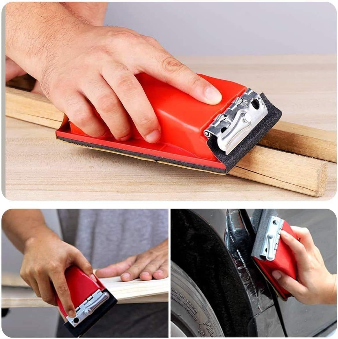 Durable hand sanding block with secure clip-on sandpaper holder.