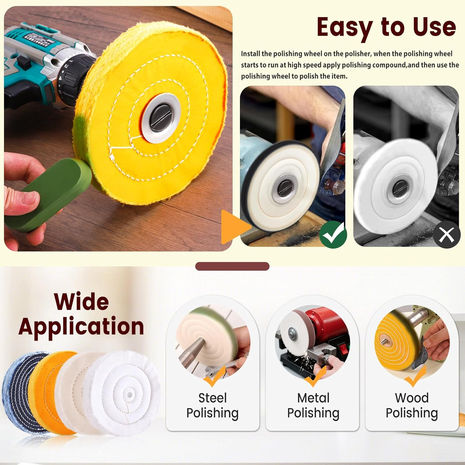 8PCS 6 Inch Buffing & Polishing Wheel Kit for Bench Grinder, 1/2″ Arbor Hole, De