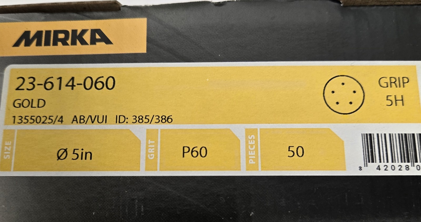 MIRKA SANDING DISCS 23-614-060. 5″ GOLD, 5 HOLE, P60 GRIT. BOX OF 50.