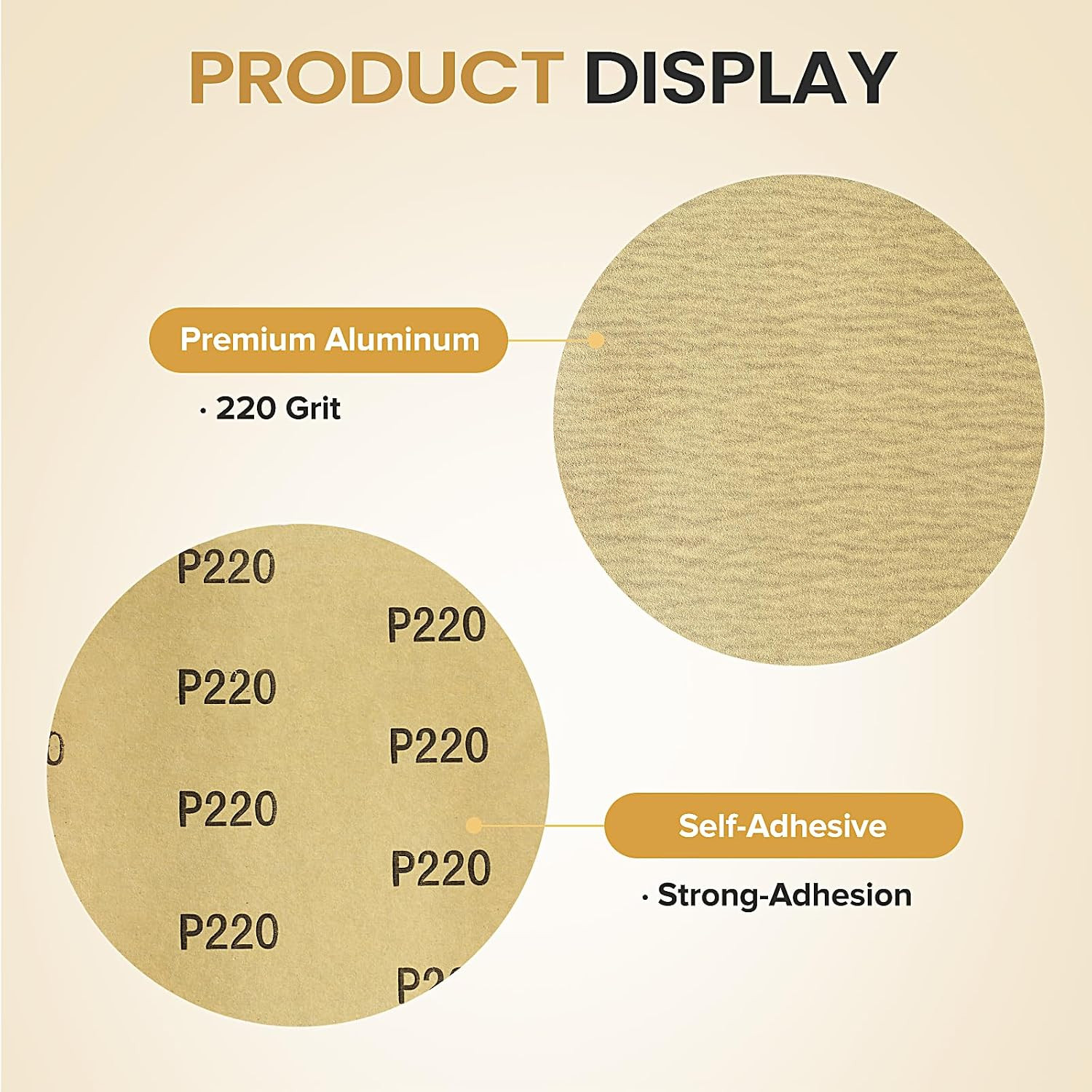 5 Inch 100 PCS Gold Sanding Discs 220 Grit Self Adhesive Sticky-Back Sandpaper