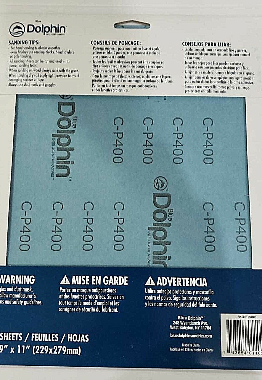 BLUE DOLPHIN Super Fine 400 Grit Wet & dry Sandpaper 5 Sheets 9”x11”
