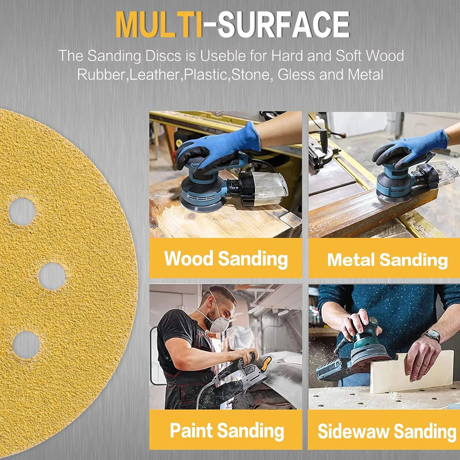 100PCS 5 Inch 8 Hole Sanding Discs 60 Grit,Gold Round Hook and Loop Sandpaper fo