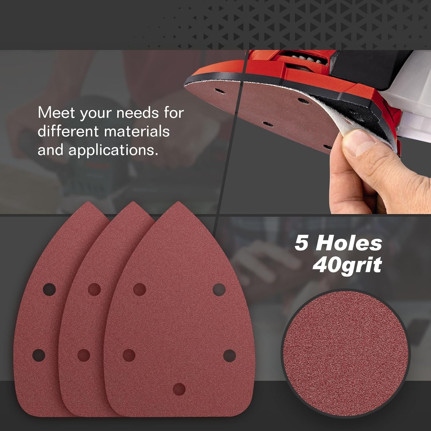 50PCS Mouse Detail Sander Sandpaper, 40 Grits Triangle Sanding Pads, 5 Holes San