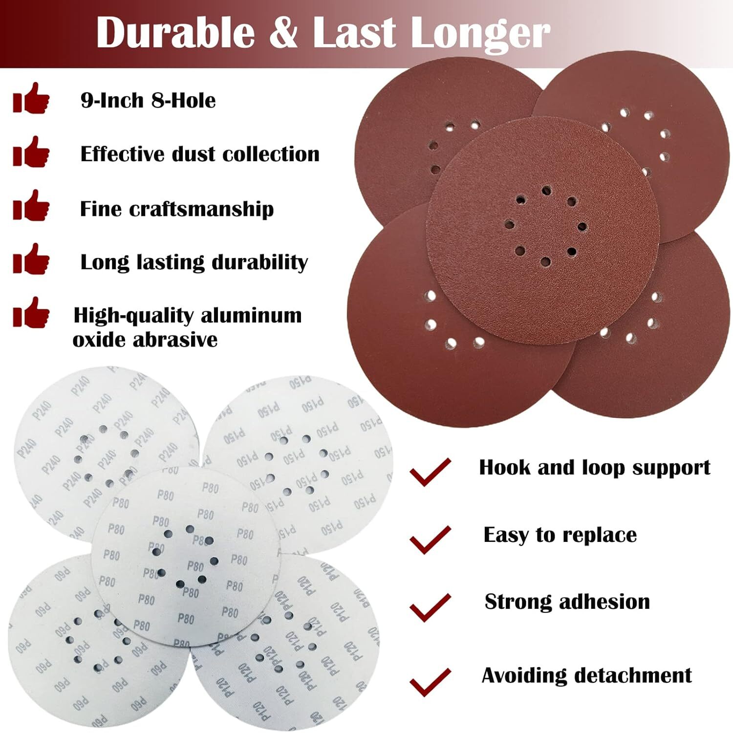 50PCS 9″ 8Hole Sanding Disc Drywall Sander Paper Hook Loop P60-240 Assorted Grit